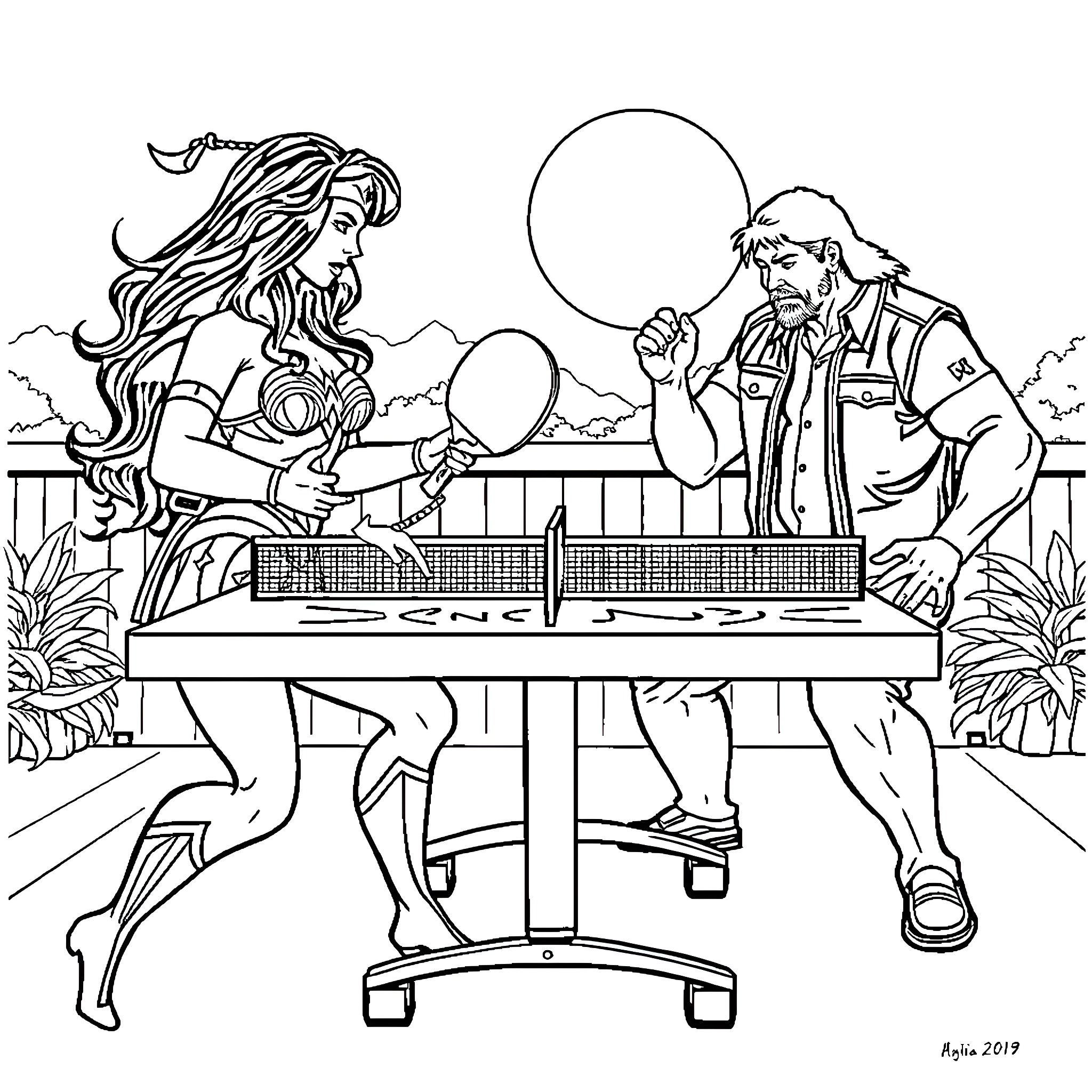 Wonderwoman playing table tennis with a man Coloring Page (free black-and-white line drawing printable PDF for all, from beginners to advanced learners, including children, teens, adults, and seniors)