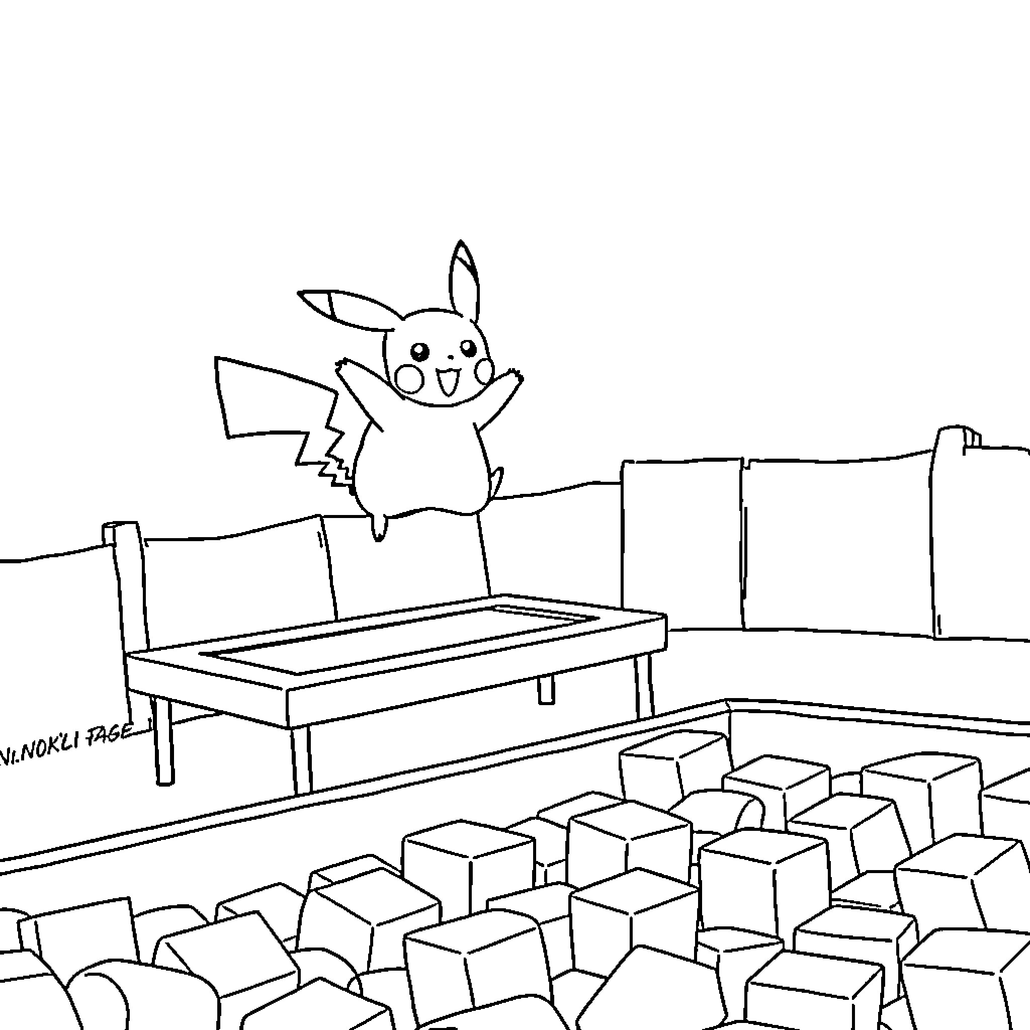Pikachu happily jumping on a table in a room Coloring Page (free black-and-white line drawing printable PDF for all, from beginners to advanced learners, including children, teens, adults, and seniors)