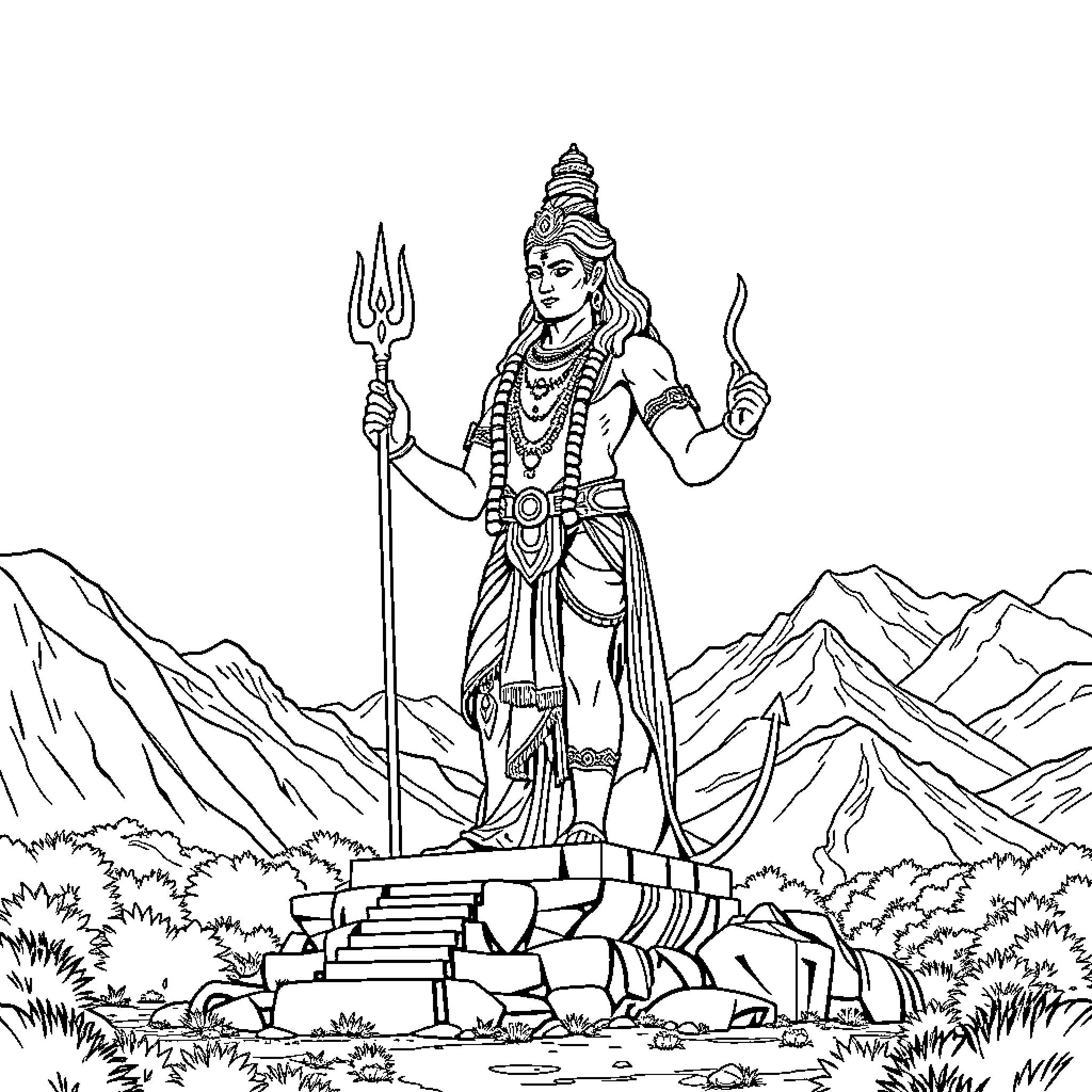 Shiva, the Majestic Lord, Stands Amidst the Rugged Terrain Coloring Page (free black-and-white line drawing printable PDF for all, from beginners to advanced learners, including children, teens, adults, and seniors)