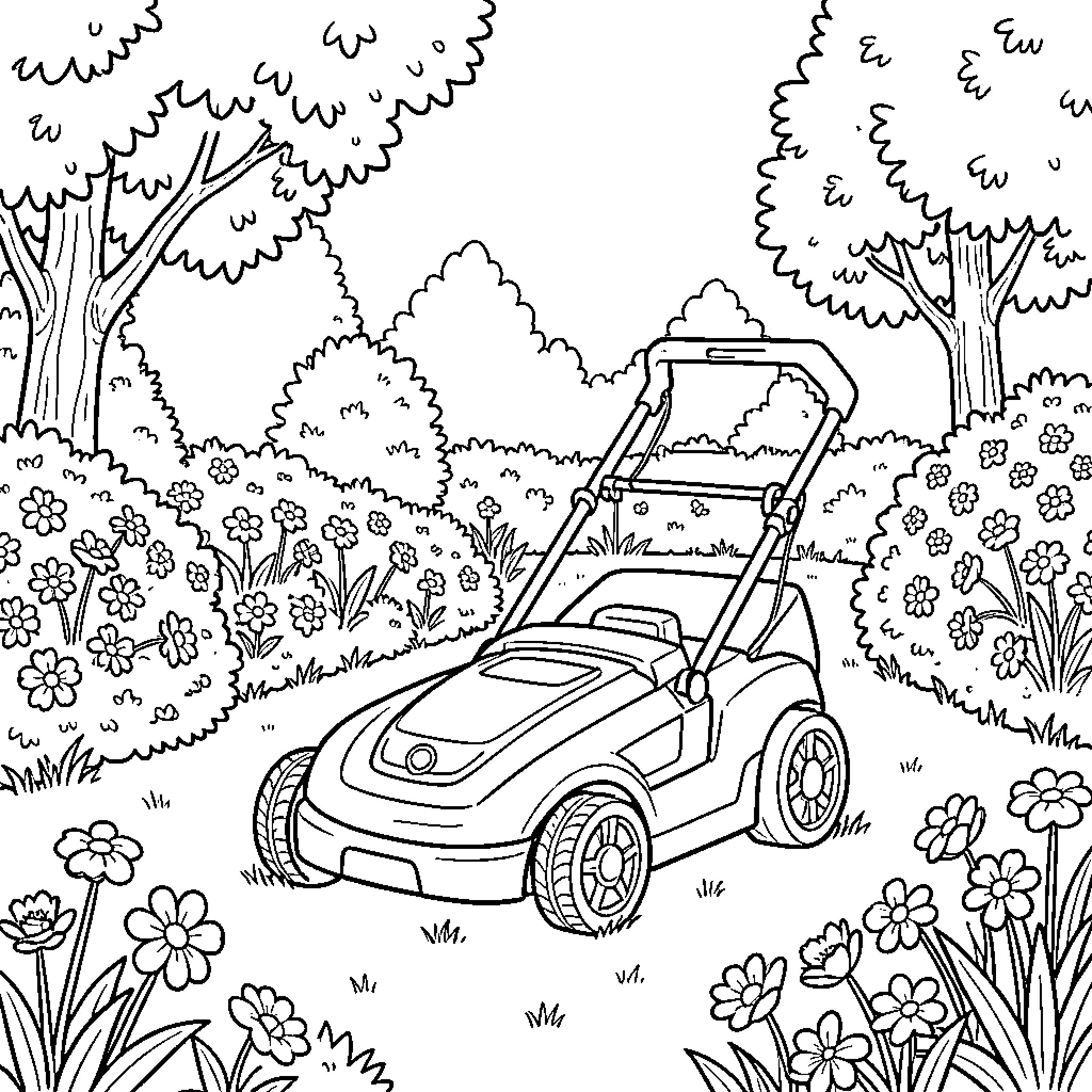 Robot Lawn Mower working in a flowery garden Coloring Page (free black-and-white line drawing printable PDF for all, from beginners to advanced learners, including children, teens, adults, and seniors)