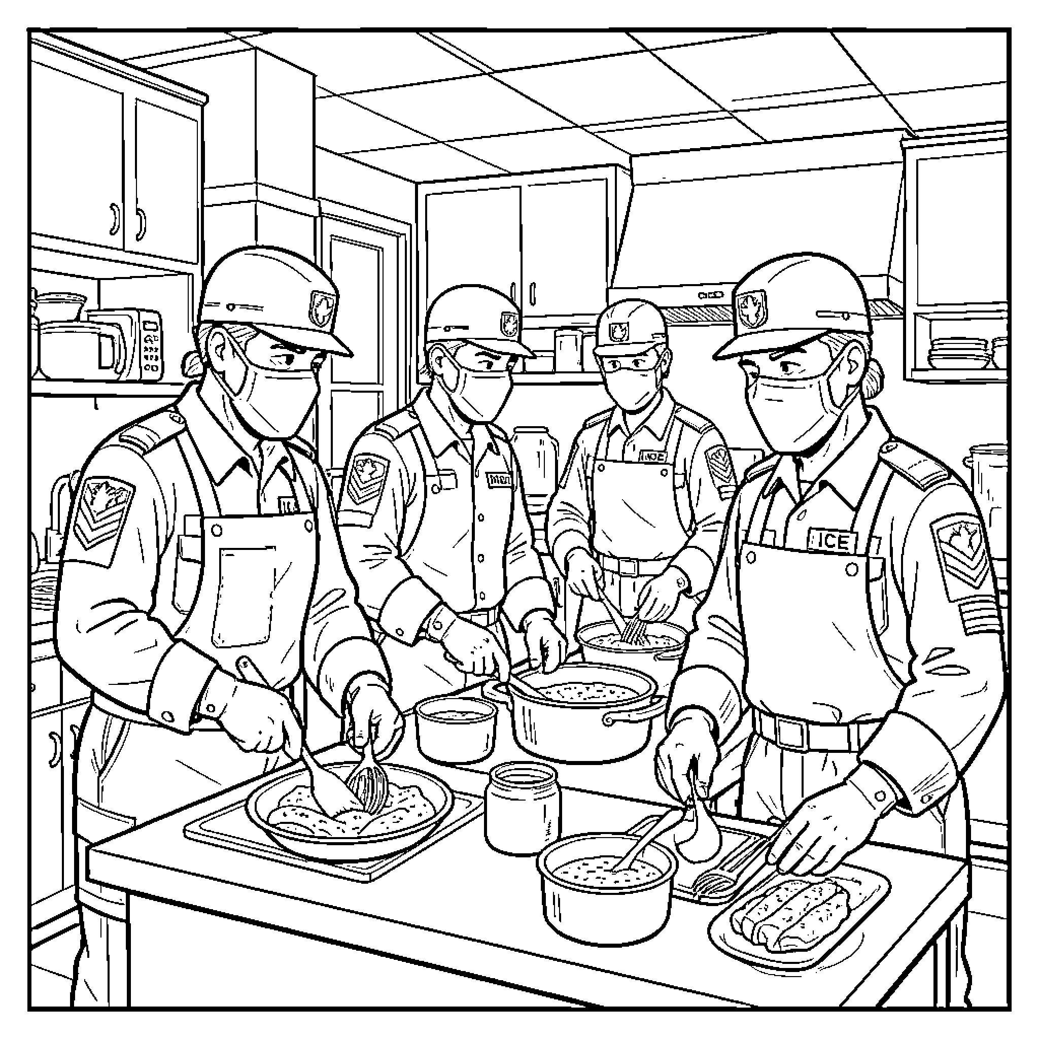 Ice Agent personnel cooking food in a kitchen Coloring Page (free black-and-white line drawing printable PDF for all, from beginners to advanced learners, including children, teens, adults, and seniors)