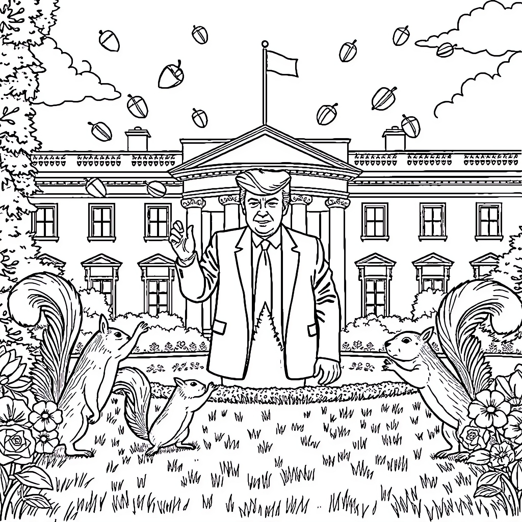 Squirrel frolicking in the White House garden Coloring Page (free black-and-white line drawing printable PDF for all, from beginners to advanced learners, including children, teens, adults, and seniors)