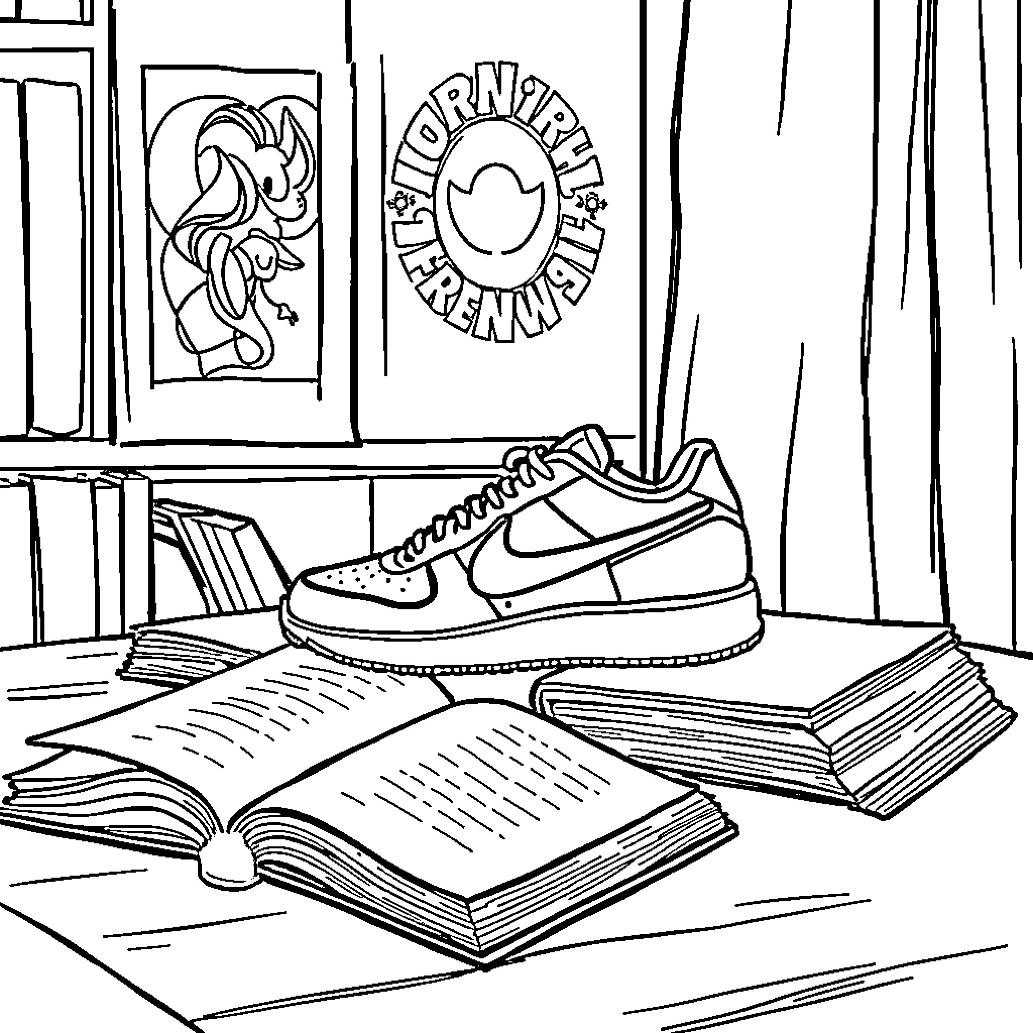 Nike Shoe and Books on Desk Coloring Page (free black-and-white line drawing printable PDF for all, from beginners to advanced learners, including children, teens, adults, and seniors)