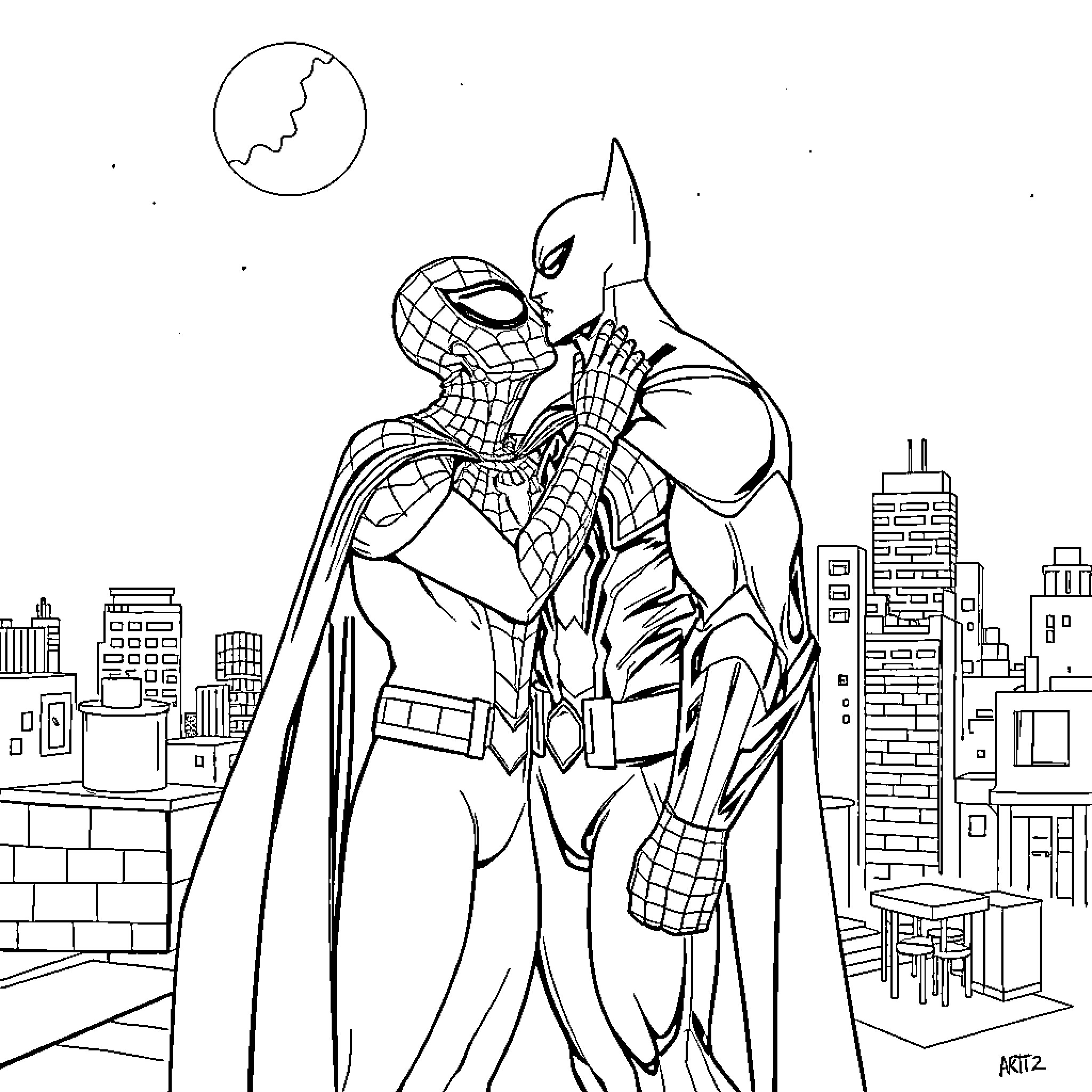 Spider-Man and Batman unite in an urban landscape Coloring Page (free black-and-white line drawing printable PDF for all, from beginners to advanced learners, including children, teens, adults, and seniors)