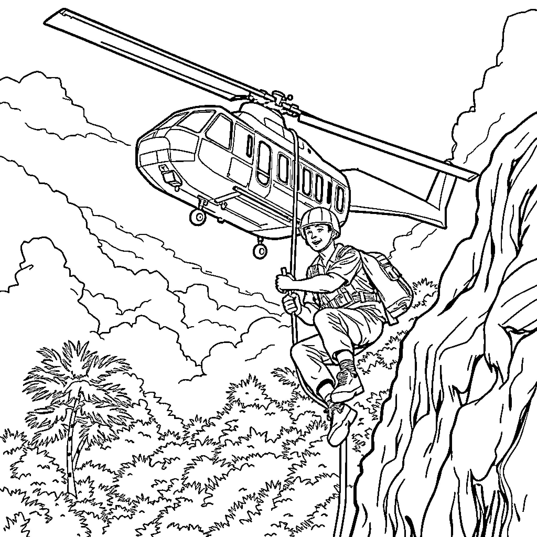 Helicopter rescuing person from cliff Coloring Page (free black-and-white line drawing printable PDF for all, from beginners to advanced learners, including children, teens, adults, and seniors)