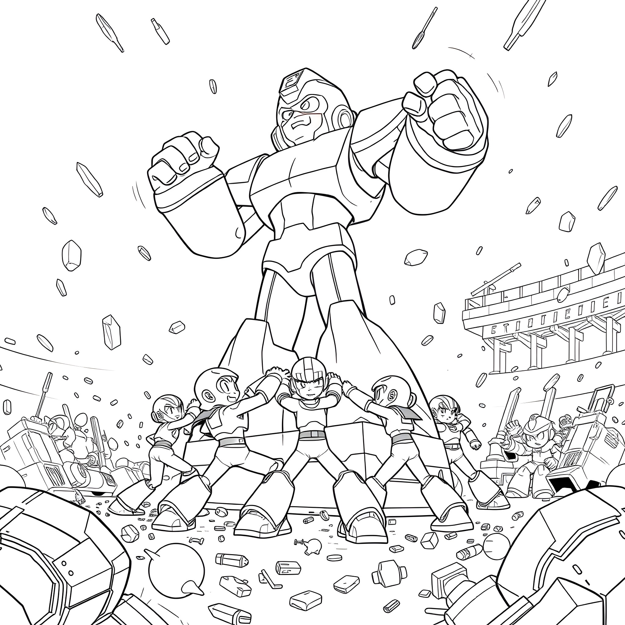 Mega Man Battles Against Fierce Robotic Foes Coloring Page (free black-and-white line drawing printable PDF for all, from beginners to advanced learners, including children, teens, adults, and seniors)