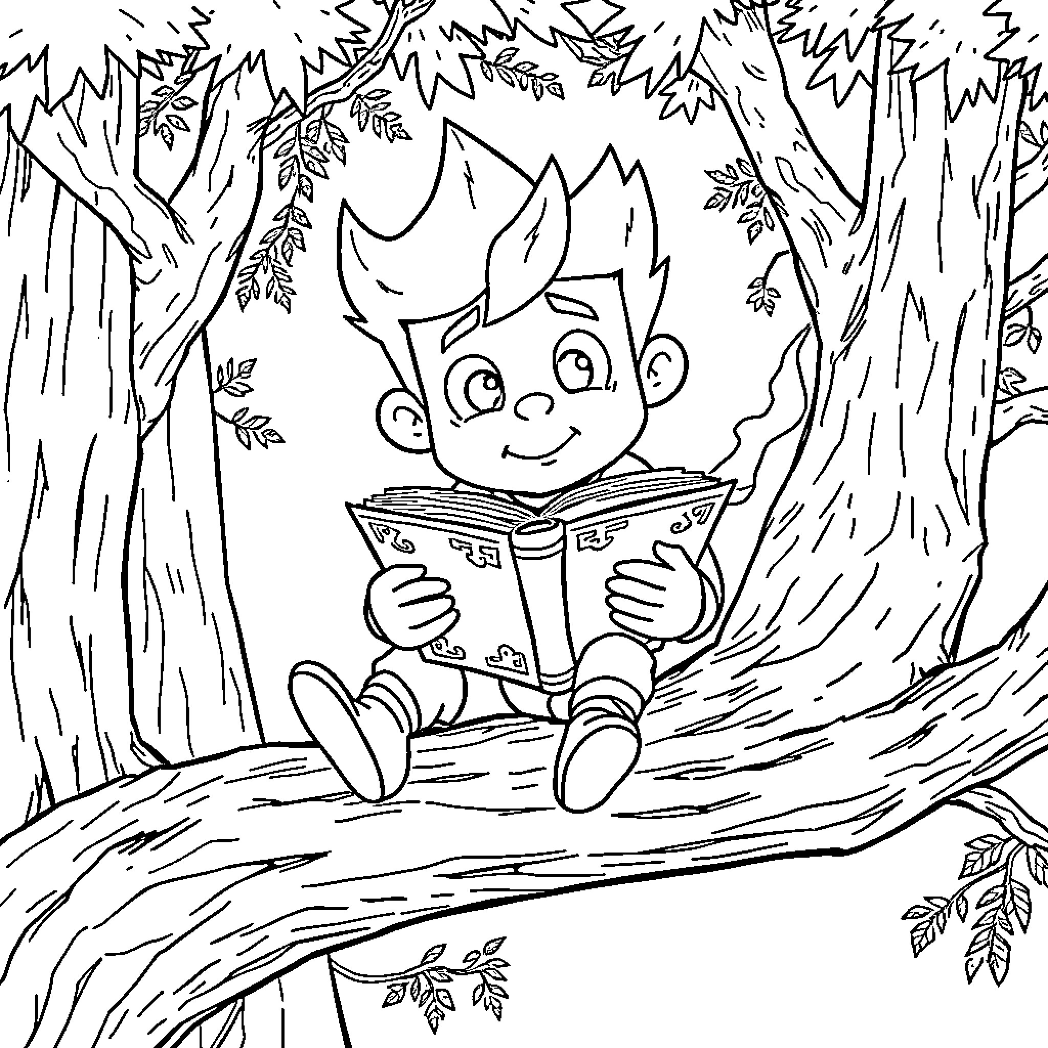 Dipper Pines reading a book in the forest Coloring Page (free black-and-white line drawing printable PDF for all, from beginners to advanced learners, including children, teens, adults, and seniors)