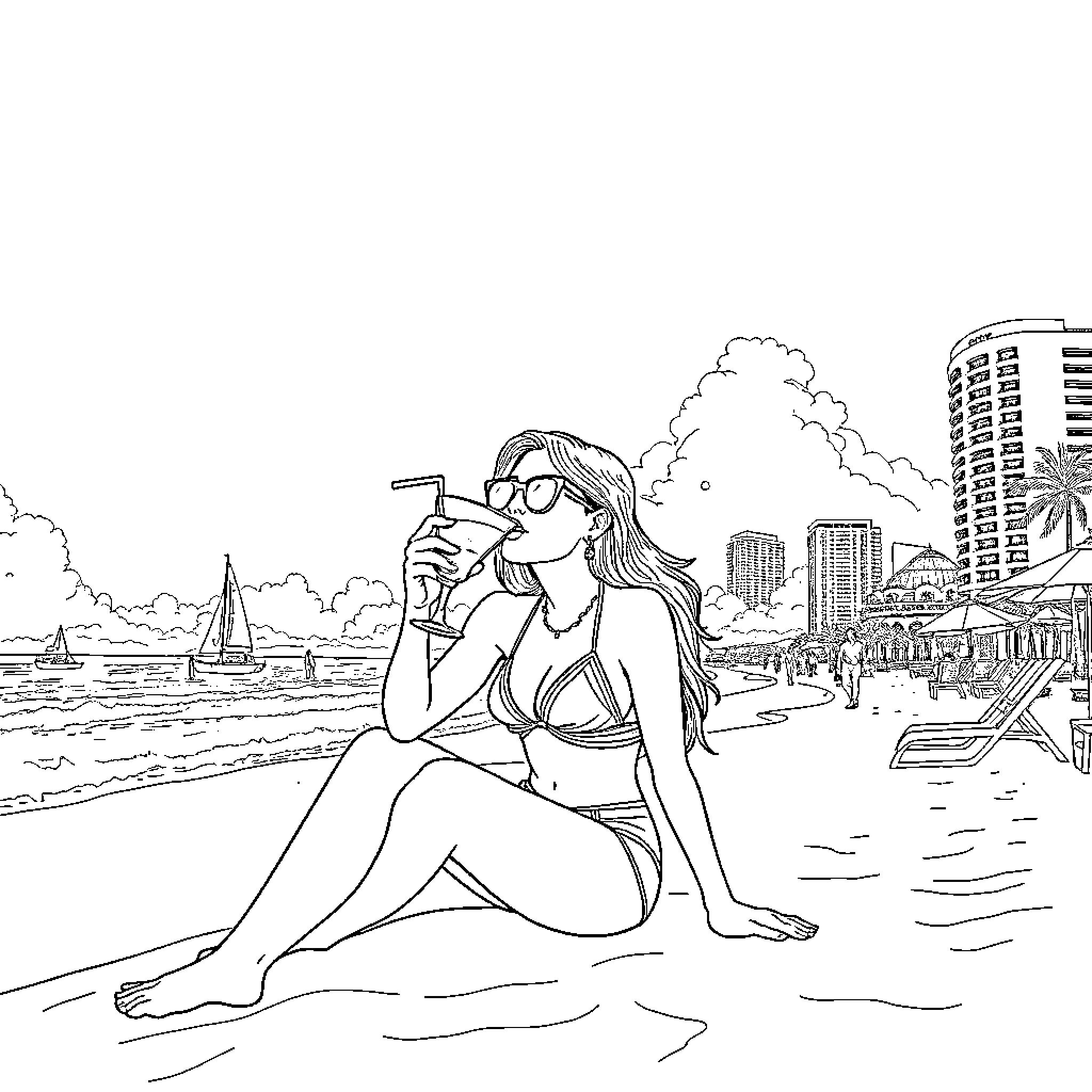 Girl relaxing on the beach with a drink Coloring Page (free black-and-white line drawing printable PDF for all, from beginners to advanced learners, including children, teens, adults, and seniors)