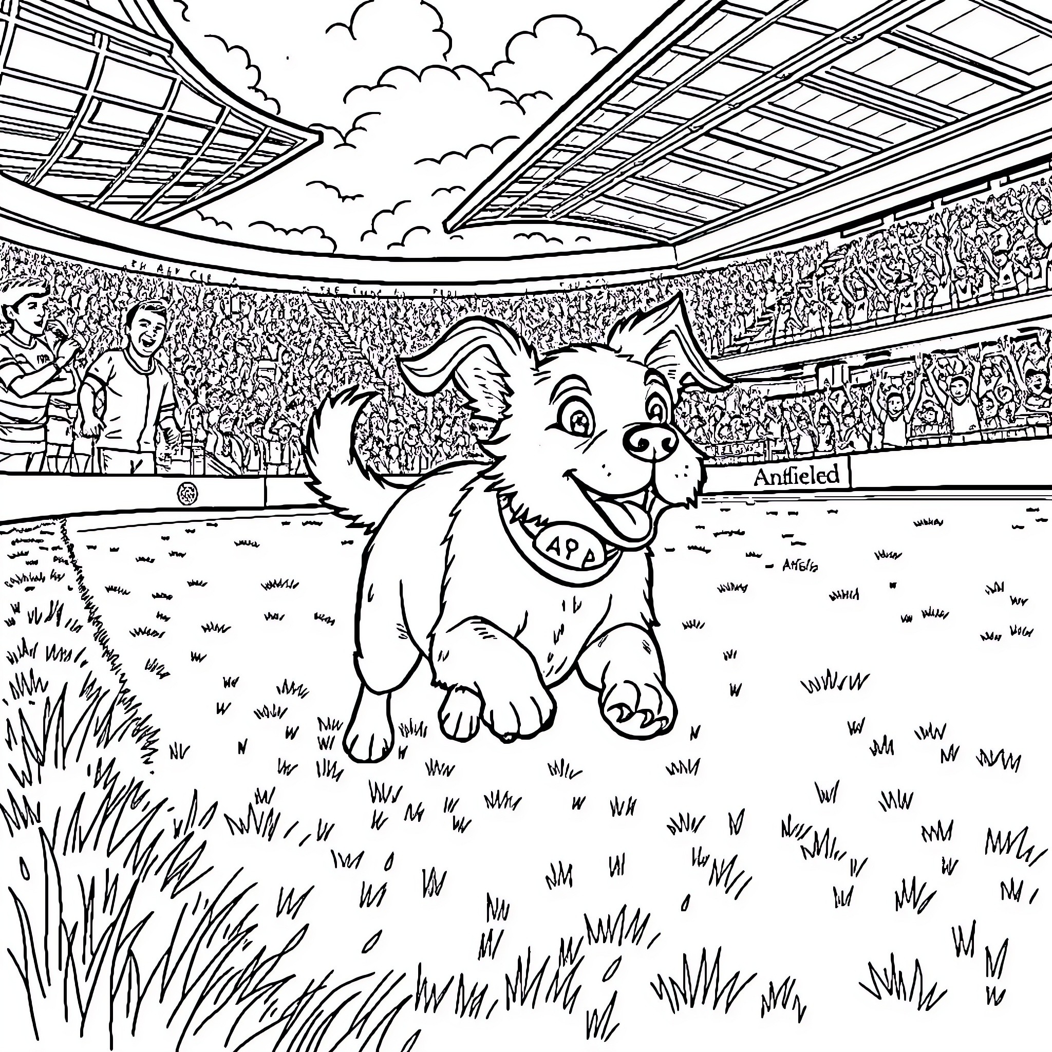 Dog cheerfully exploring a sports stadium Coloring Page (free black-and-white line drawing printable PDF for all, from beginners to advanced learners, including children, teens, adults, and seniors)