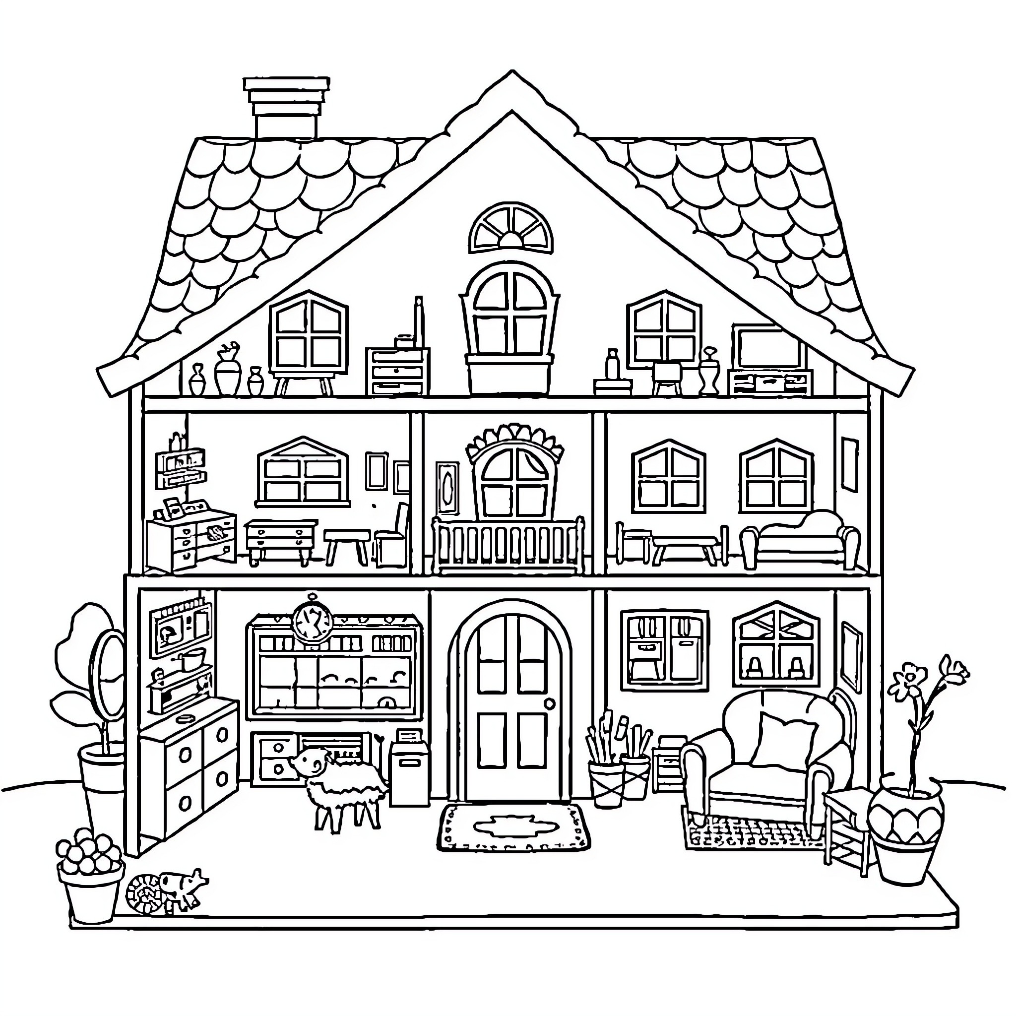 Gabby's Cozy Cottage Home Interior Coloring Page (free black-and-white line drawing printable PDF for all, from beginners to advanced learners, including children, teens, adults, and seniors)