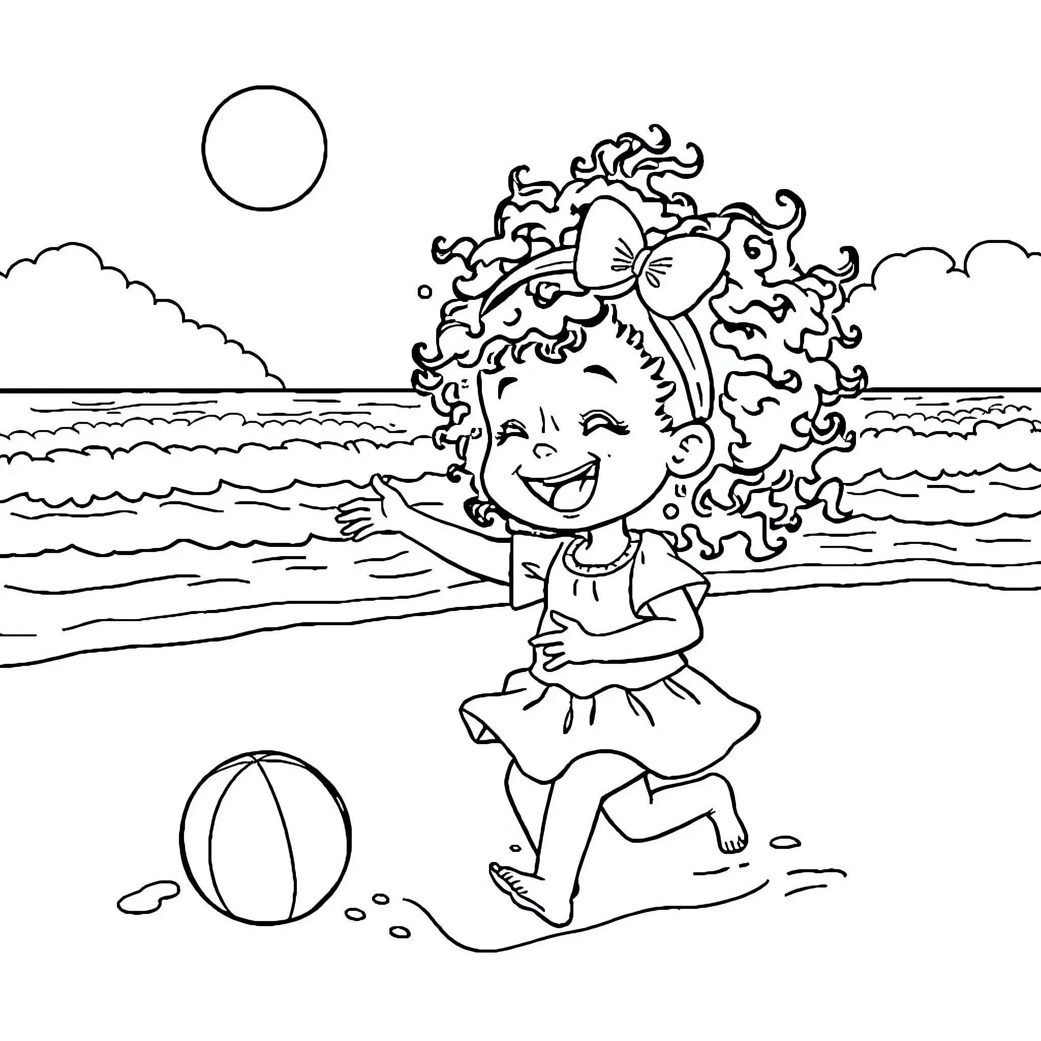 Girl playing joyfully on the beach Coloring Page (free black-and-white line drawing printable PDF for all, from beginners to advanced learners, including children, teens, adults, and seniors)