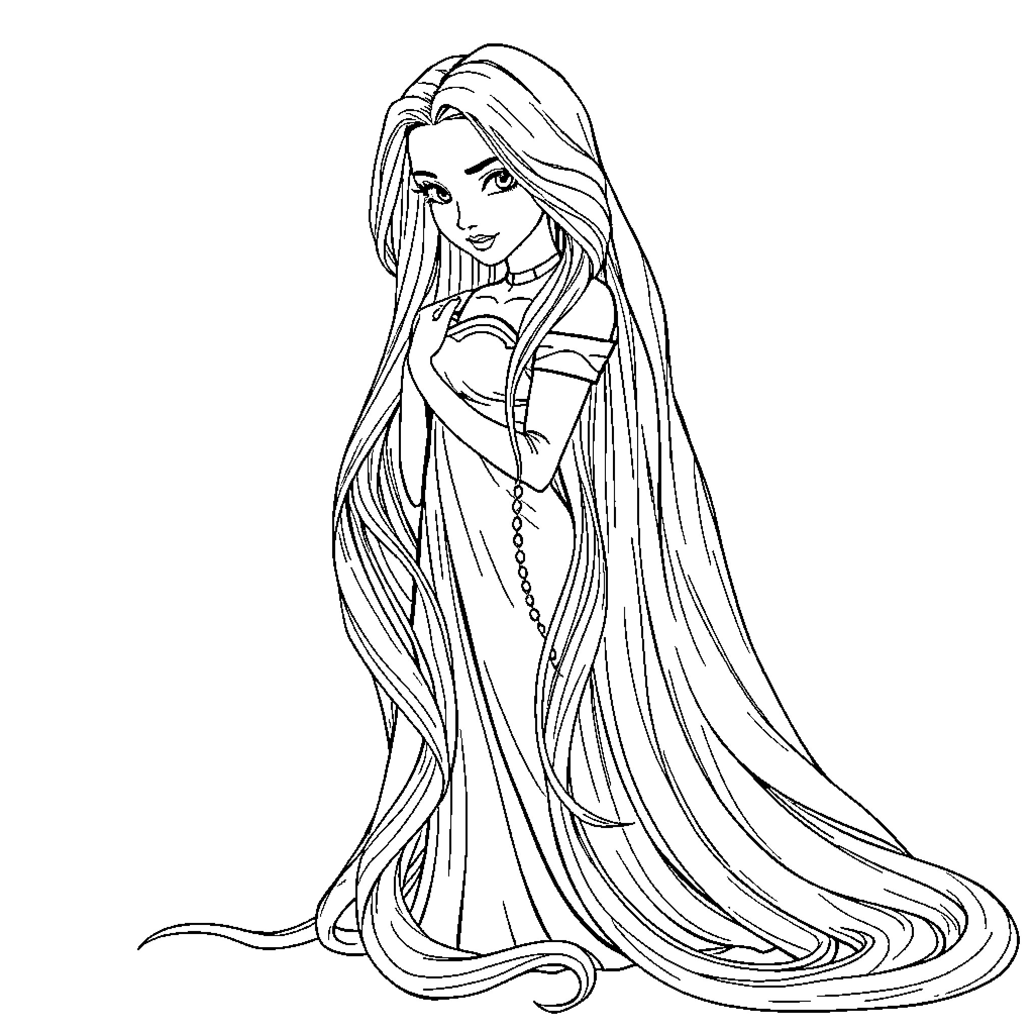 Rapunzel with Flowing Hair and Regal Attire Coloring Page (free black-and-white line drawing printable PDF for all, from beginners to advanced learners, including children, teens, adults, and seniors)