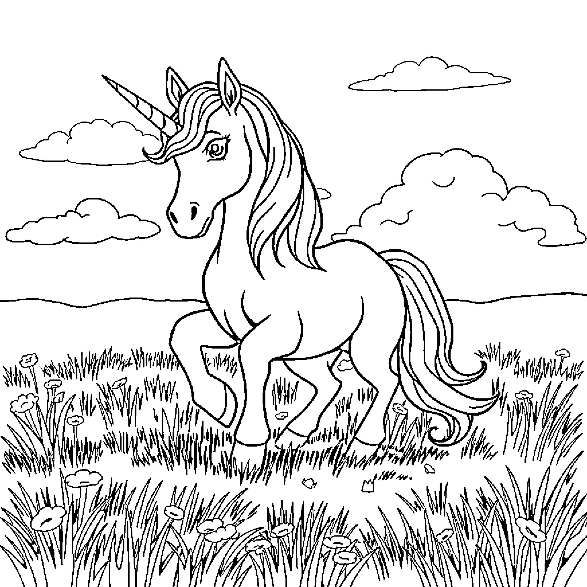 Unicorn galloping freely through a meadow Coloring Page (free black-and-white line drawing printable PDF for all, from beginners to advanced learners, including children, teens, adults, and seniors)