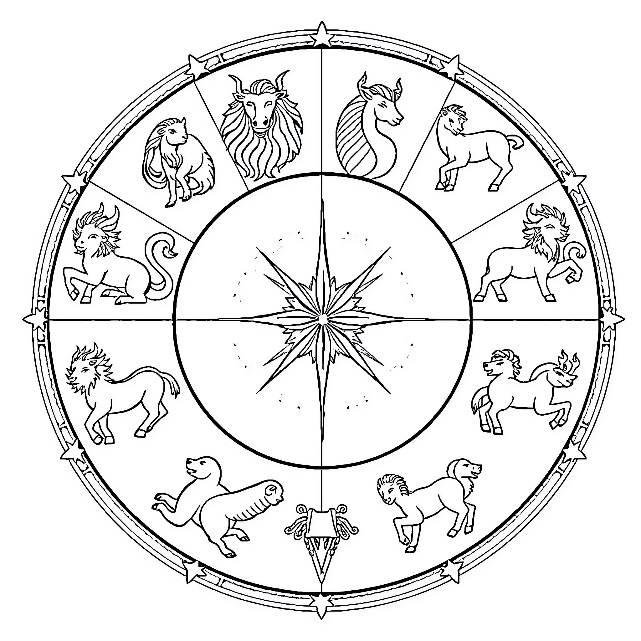 Zodiac Sign Wheel of Diverse Animal Symbols Coloring Page (free black-and-white line drawing printable PDF for all, from beginners to advanced learners, including children, teens, adults, and seniors)