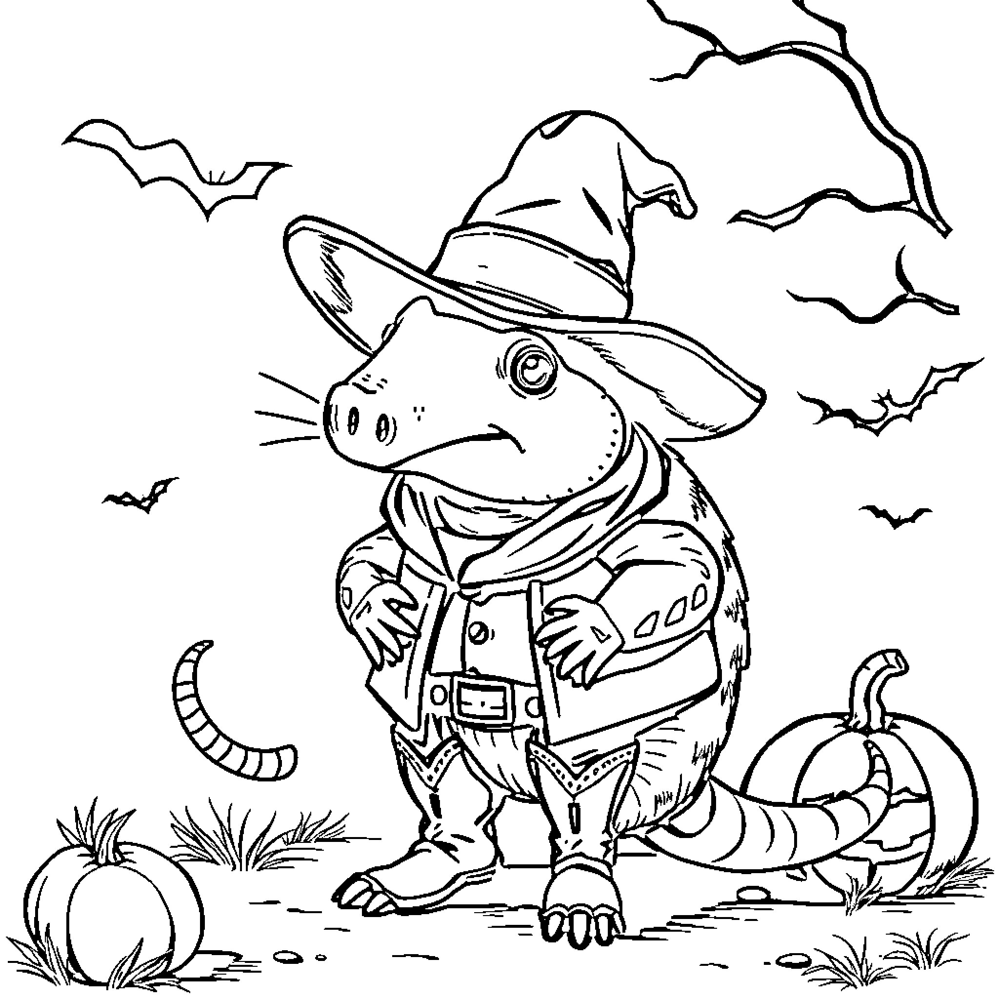 Armadillo dressed as a Halloween witch with bats Coloring Page (free black-and-white line drawing printable PDF for all, from beginners to advanced learners, including children, teens, adults, and seniors)