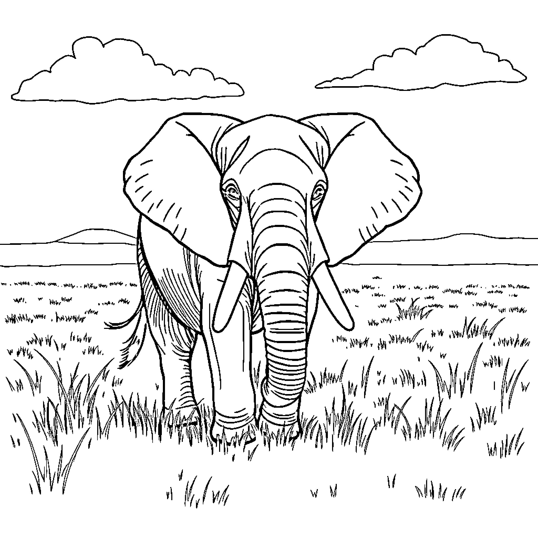 Elephant walking majestically through the grasslands Coloring Page (free black-and-white line drawing printable PDF for all, from beginners to advanced learners, including children, teens, adults, and seniors)