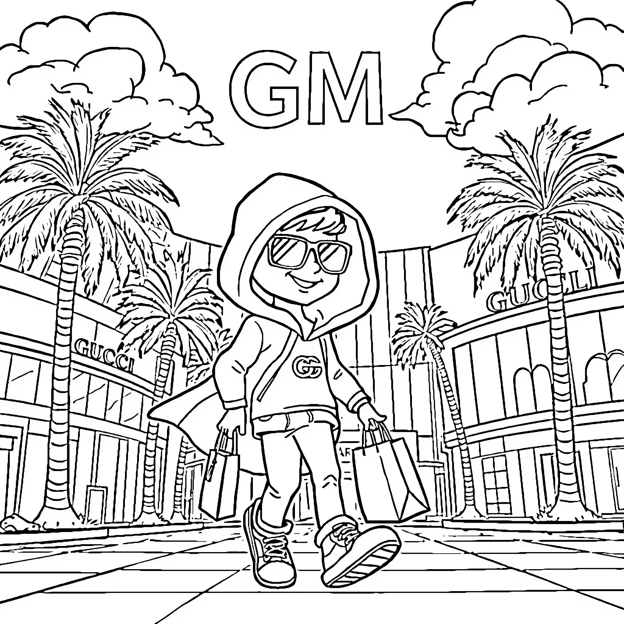 Character in hoodie walking through cityscape with palm trees Coloring Page (free black-and-white line drawing printable PDF for all, from beginners to advanced learners, including children, teens, adults, and seniors)