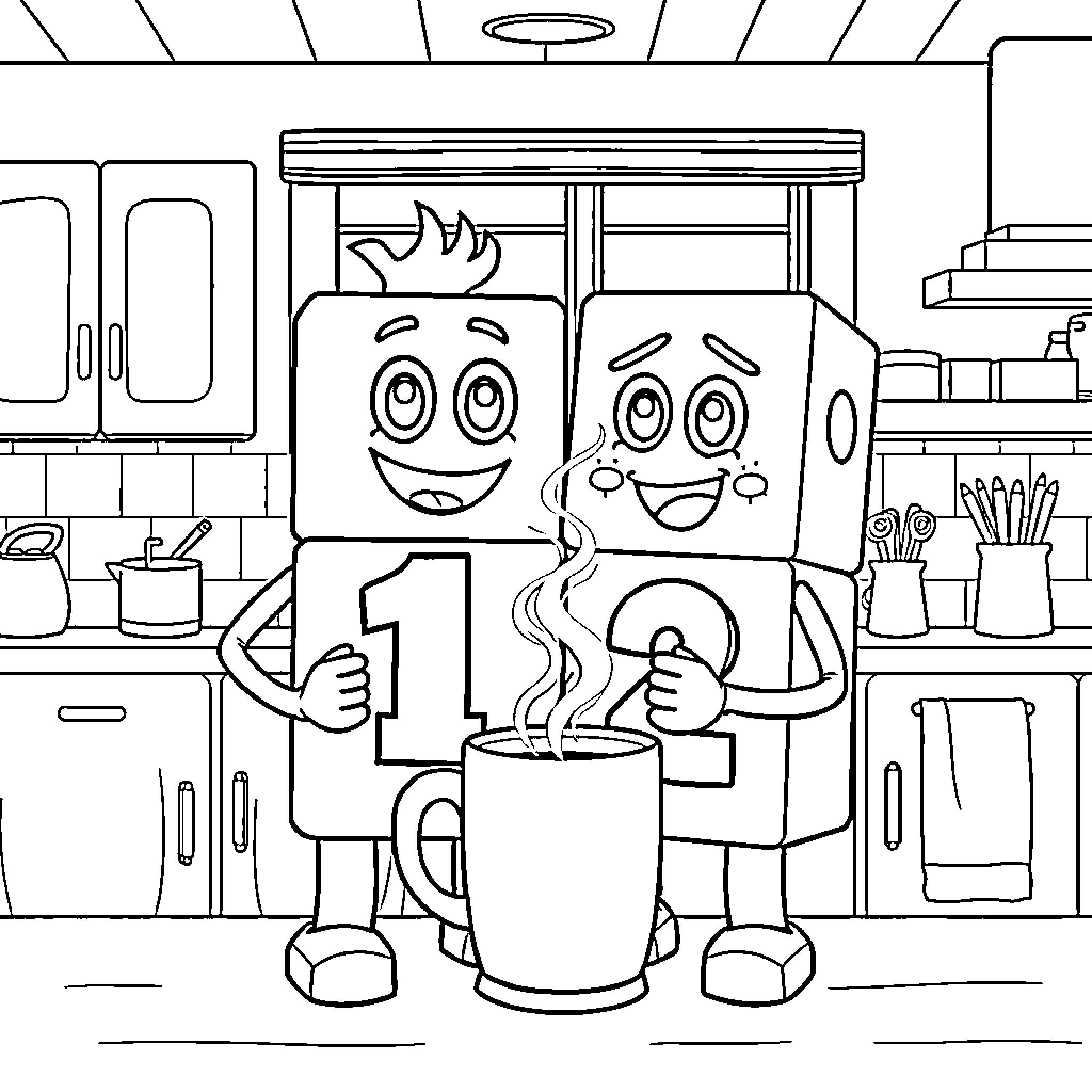 Numberblocks enjoying a warm drink in the kitchen Coloring Page (free black-and-white line drawing printable PDF for all, from beginners to advanced learners, including children, teens, adults, and seniors)