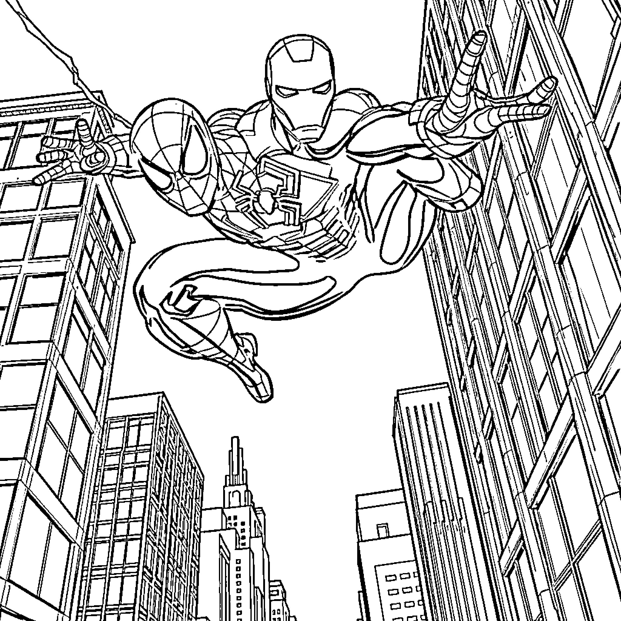 Spider-Man swinging through the city with Iron Man Coloring Page (free black-and-white line drawing printable PDF for all, from beginners to advanced learners, including children, teens, adults, and seniors)