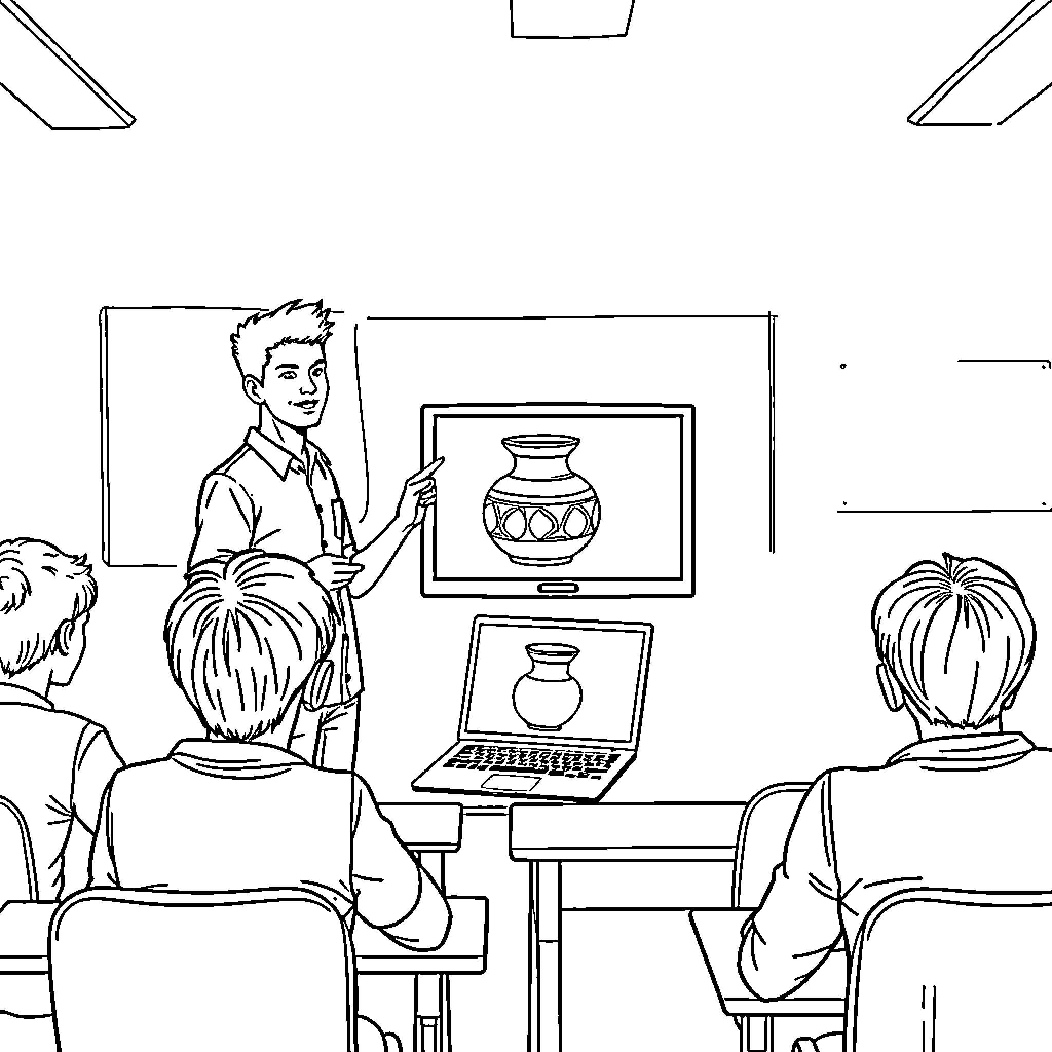 Presentation of artwork and technology in classroom Coloring Page (free black-and-white line drawing printable PDF for all, from beginners to advanced learners, including children, teens, adults, and seniors)