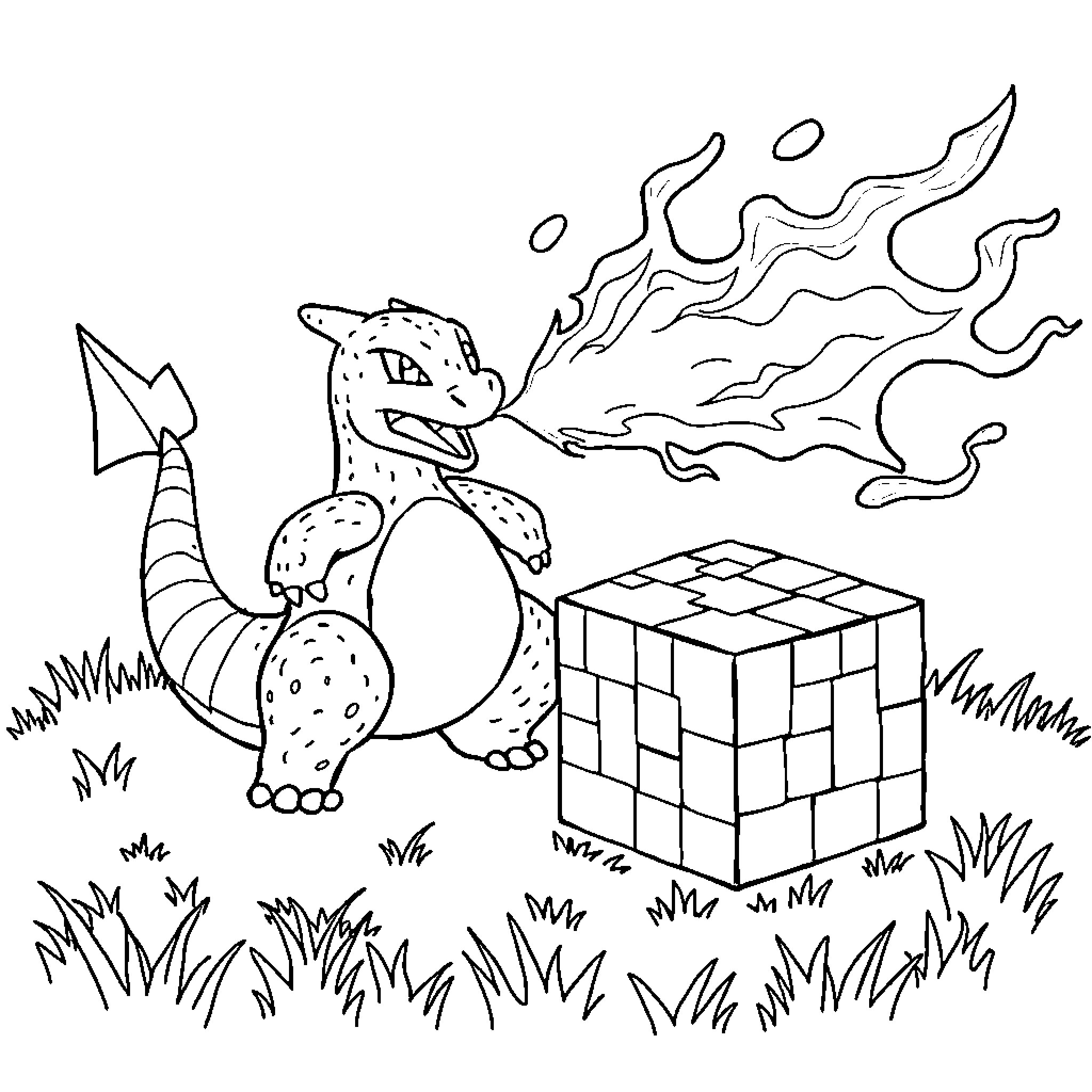 Charizard breathing flames near a mysterious cube Coloring Page (free black-and-white line drawing printable PDF for all, from beginners to advanced learners, including children, teens, adults, and seniors)