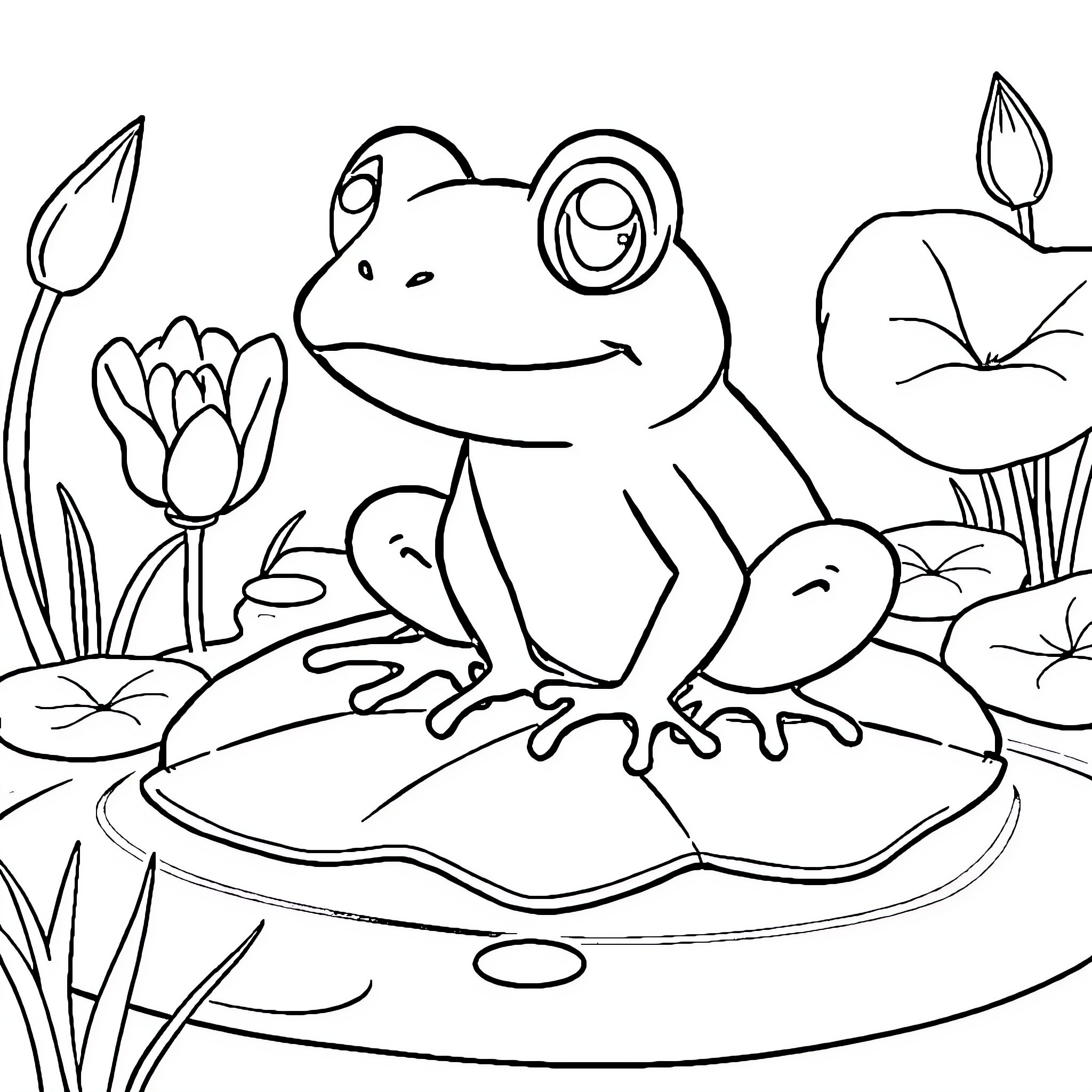 Frog sitting happily on a lily pad Coloring Page (free black-and-white line drawing printable PDF for all, from beginners to advanced learners, including children, teens, adults, and seniors)