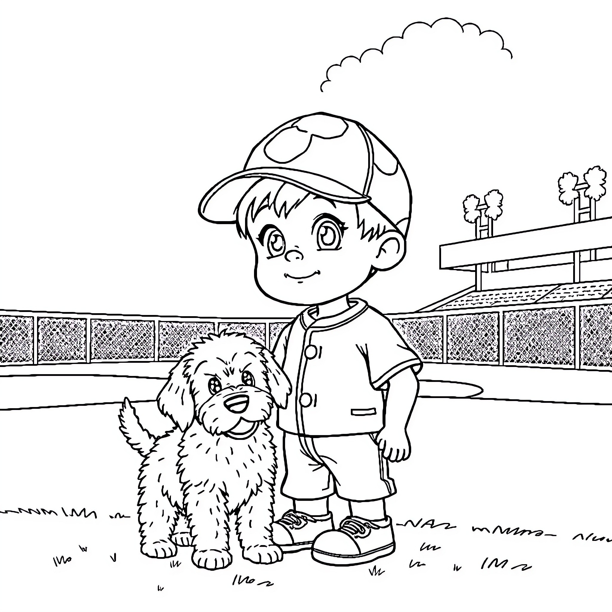 Boy and his Puppy Enjoying the Outdoors Coloring Page (free black-and-white line drawing printable PDF for all, from beginners to advanced learners, including children, teens, adults, and seniors)