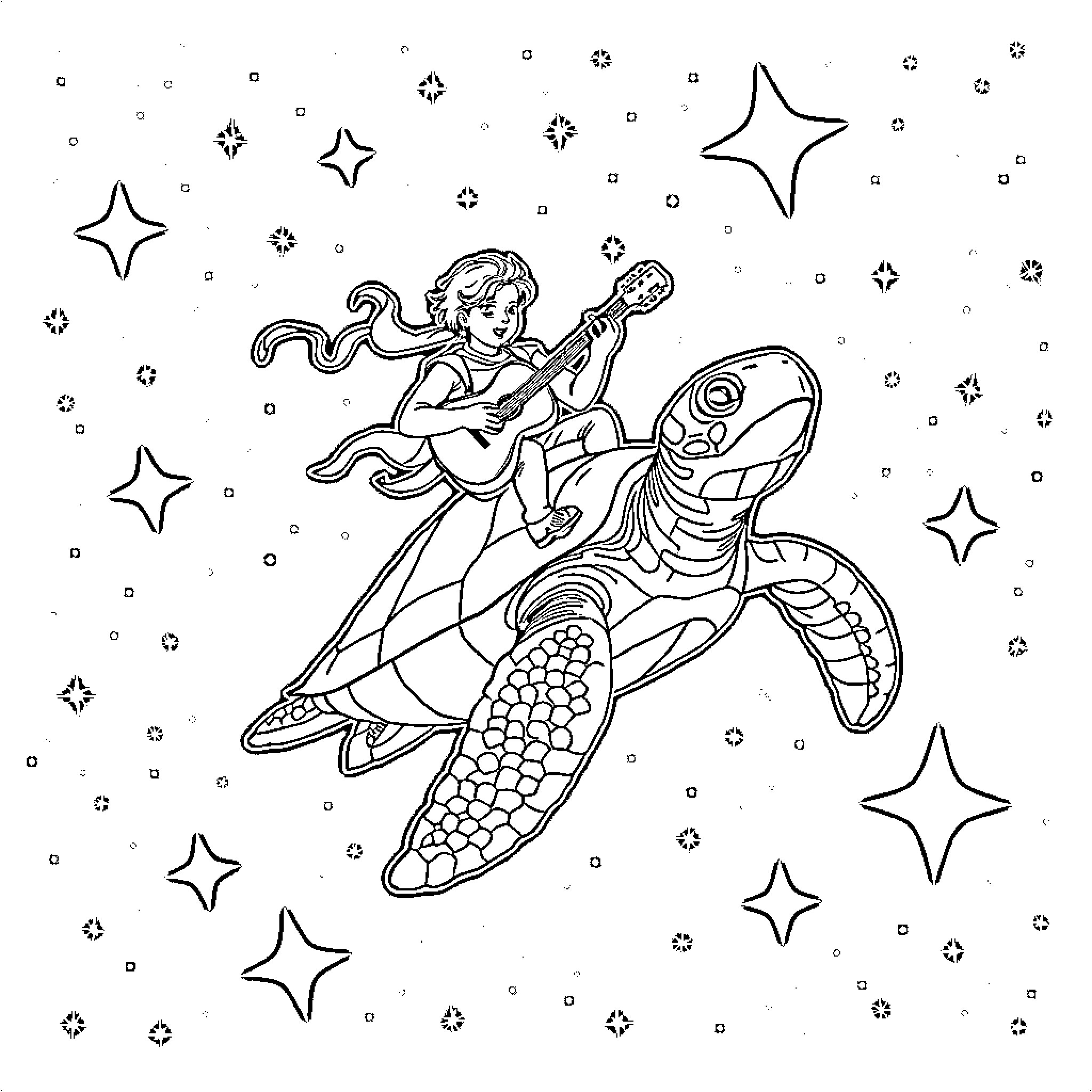 Guitar-playing mermaid among cosmic stars Coloring Page (free black-and-white line drawing printable PDF for all, from beginners to advanced learners, including children, teens, adults, and seniors)
