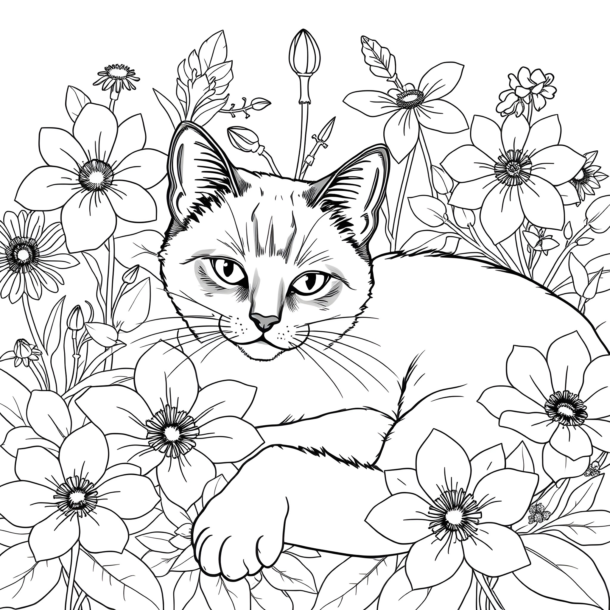Siamese Cat Peeking Through Floral Arrangement Coloring Page (free black-and-white line drawing printable PDF for all, from beginners to advanced learners, including children, teens, adults, and seniors)