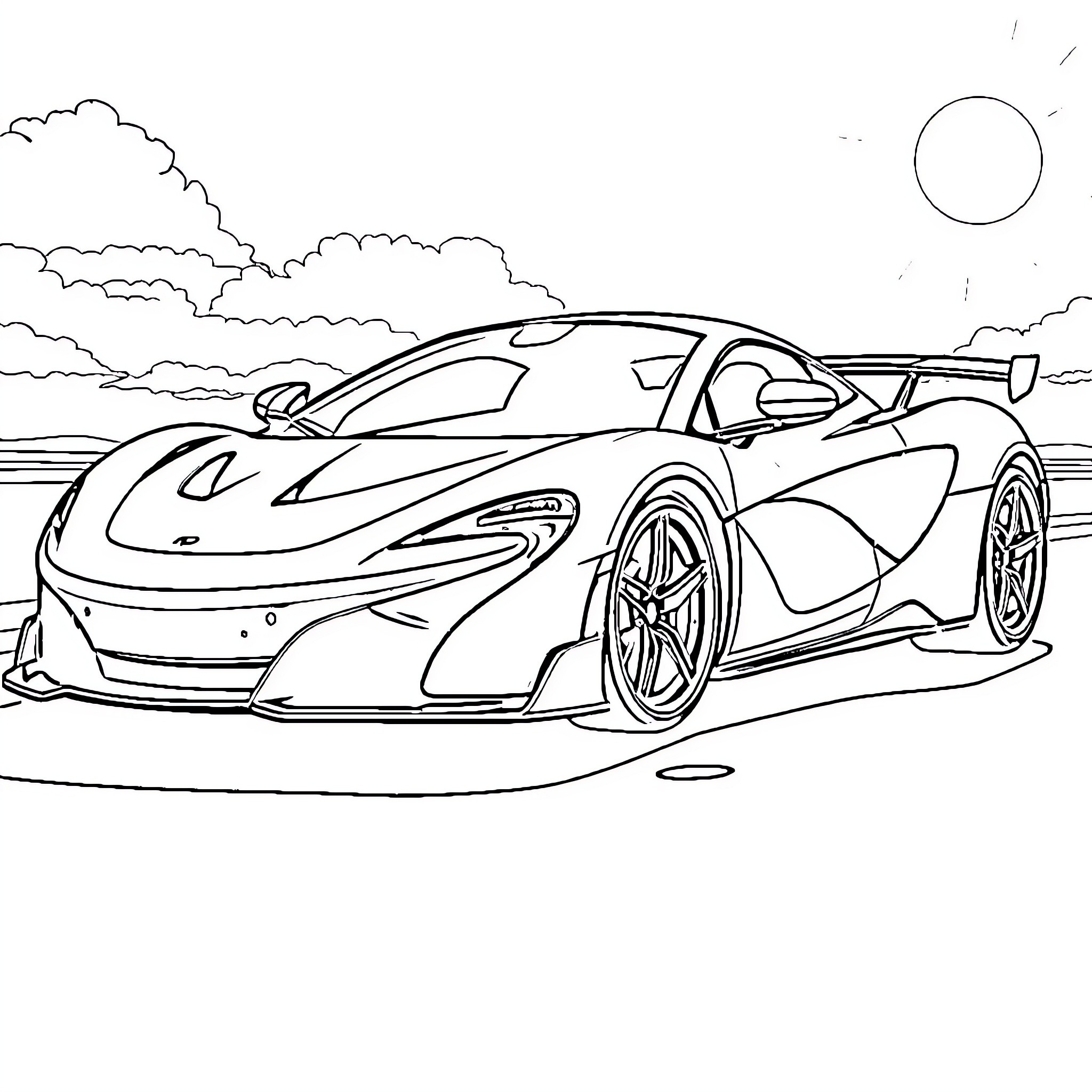 McLaren F1 sports car on the road at sunset Coloring Page (free black-and-white line drawing printable PDF for all, from beginners to advanced learners, including children, teens, adults, and seniors)