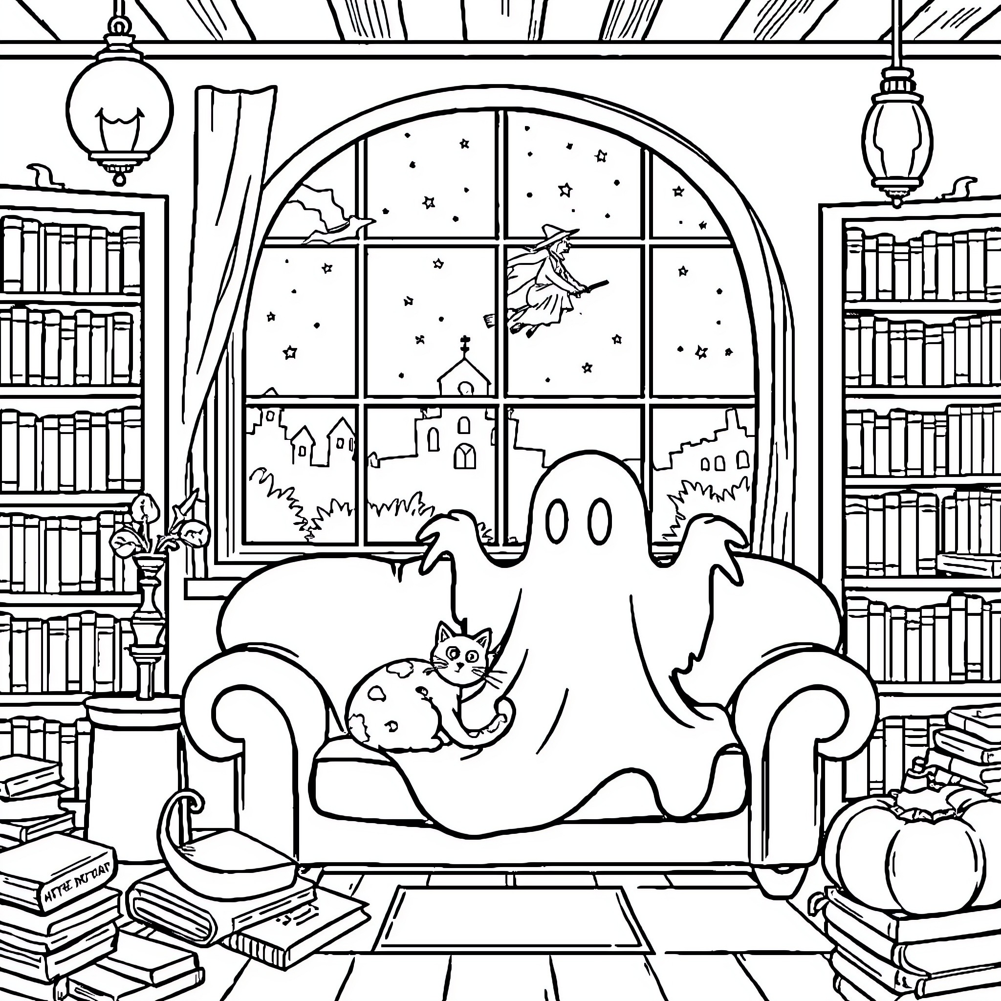 Ghost relaxing on a couch in a cozy library Coloring Page (free black-and-white line drawing printable PDF for all, from beginners to advanced learners, including children, teens, adults, and seniors)