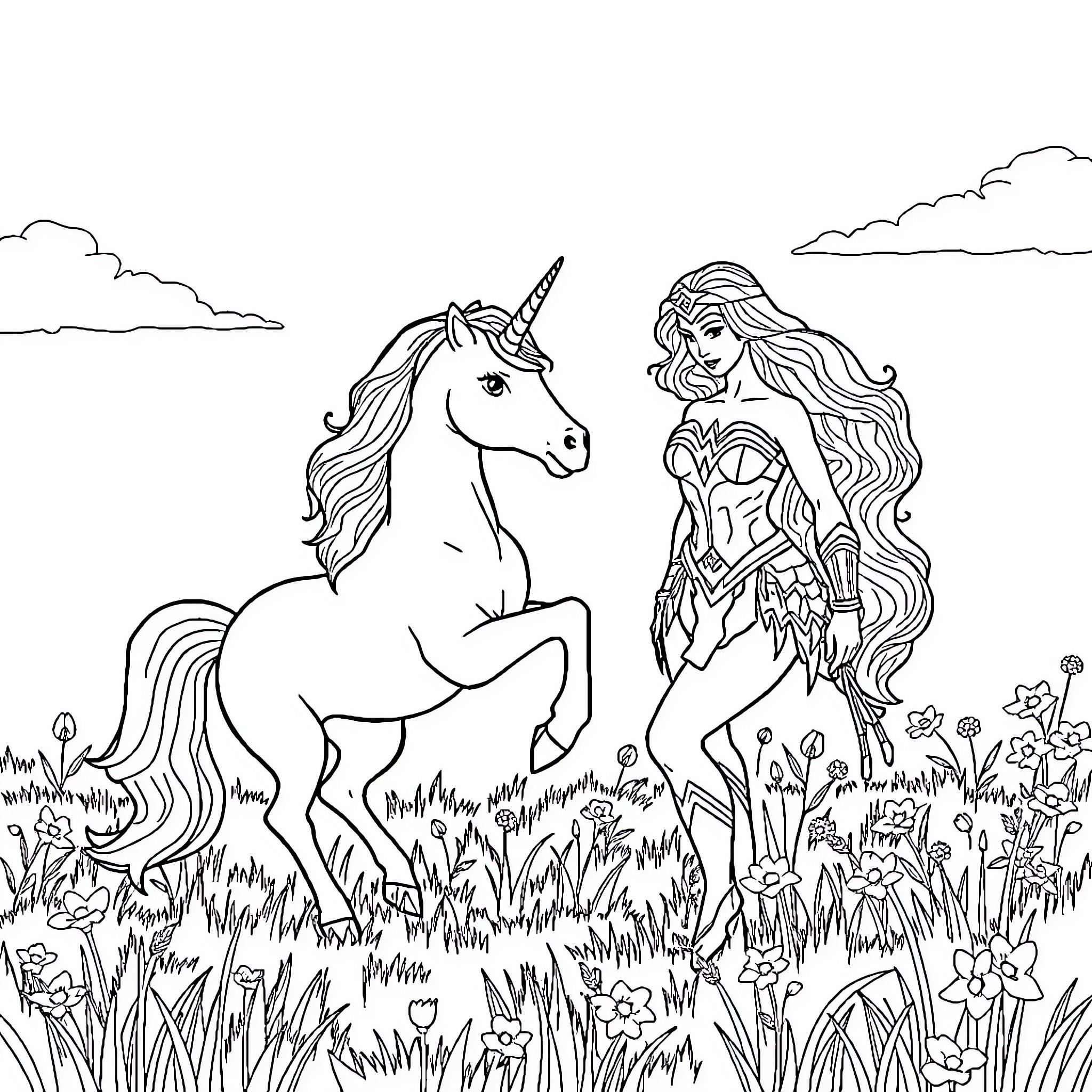 Unicorn and enchanted warrior maiden in the meadow Coloring Page (free black-and-white line drawing printable PDF for all, from beginners to advanced learners, including children, teens, adults, and seniors)