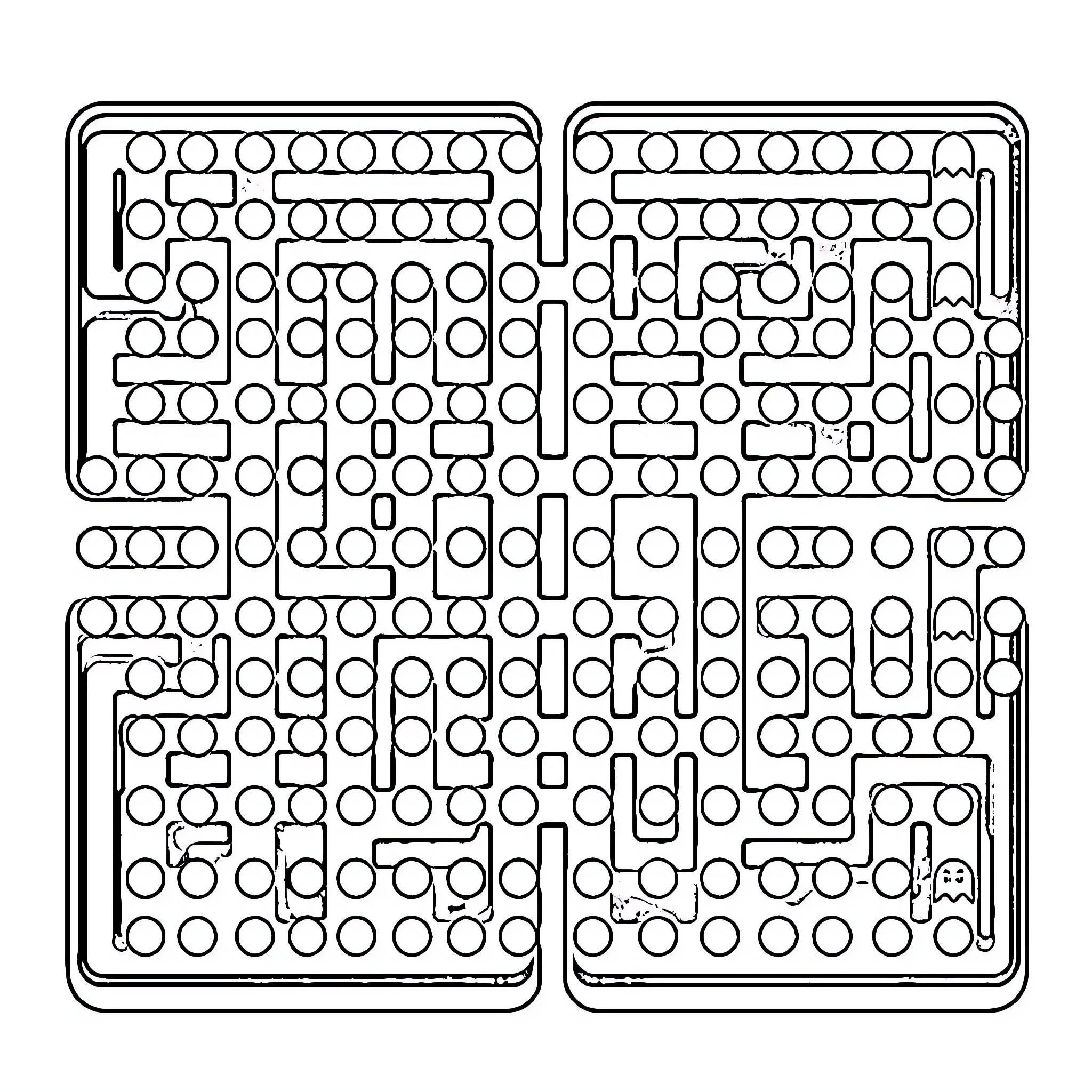 Pacman-themed maze game layout Coloring Page (free black-and-white line drawing printable PDF for all, from beginners to advanced learners, including children, teens, adults, and seniors)