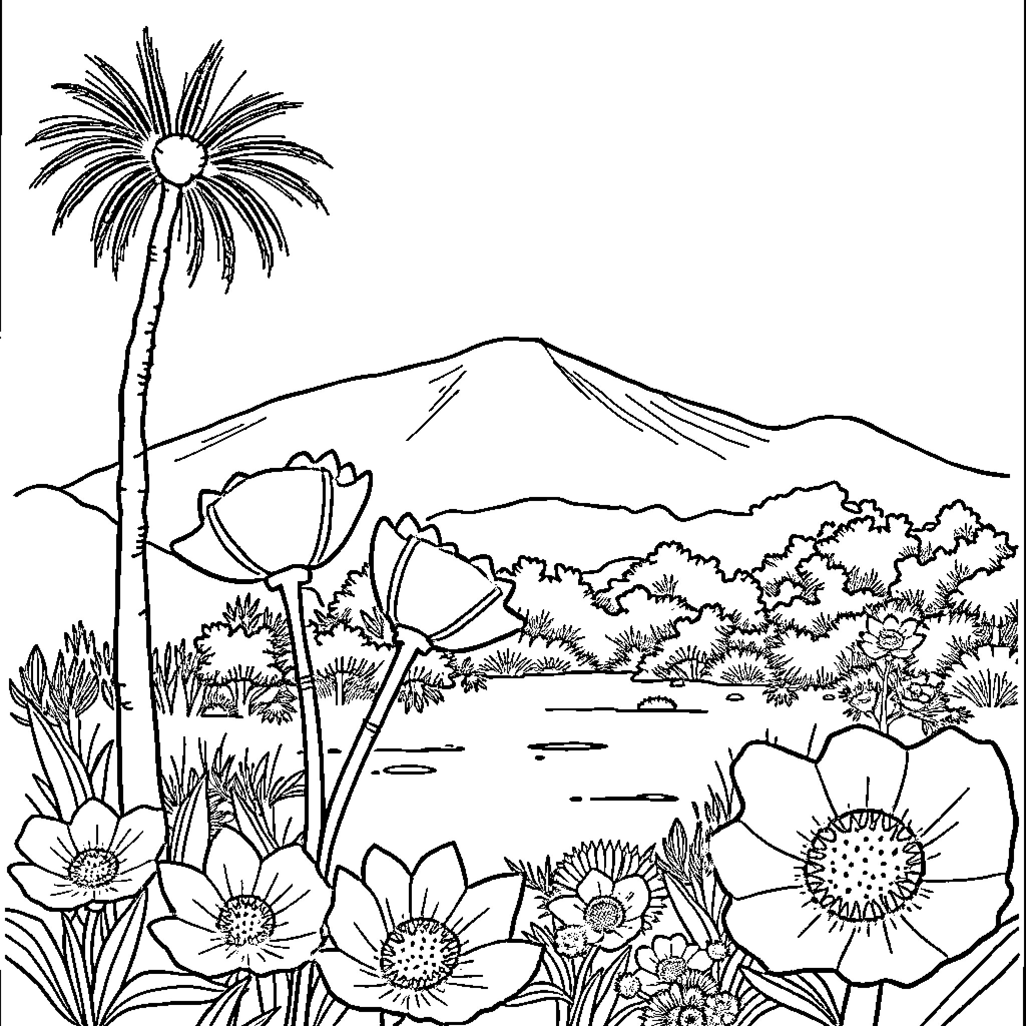 Blue and Red Floral Landscape with Mountain Coloring Page (free black-and-white line drawing printable PDF for all, from beginners to advanced learners, including children, teens, adults, and seniors)