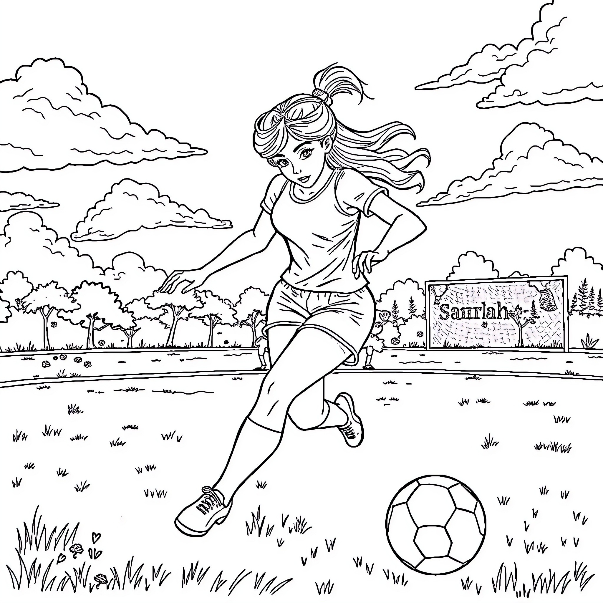 Girl playing soccer in an outdoor setting Coloring Page (free black-and-white line drawing printable PDF for all, from beginners to advanced learners, including children, teens, adults, and seniors)