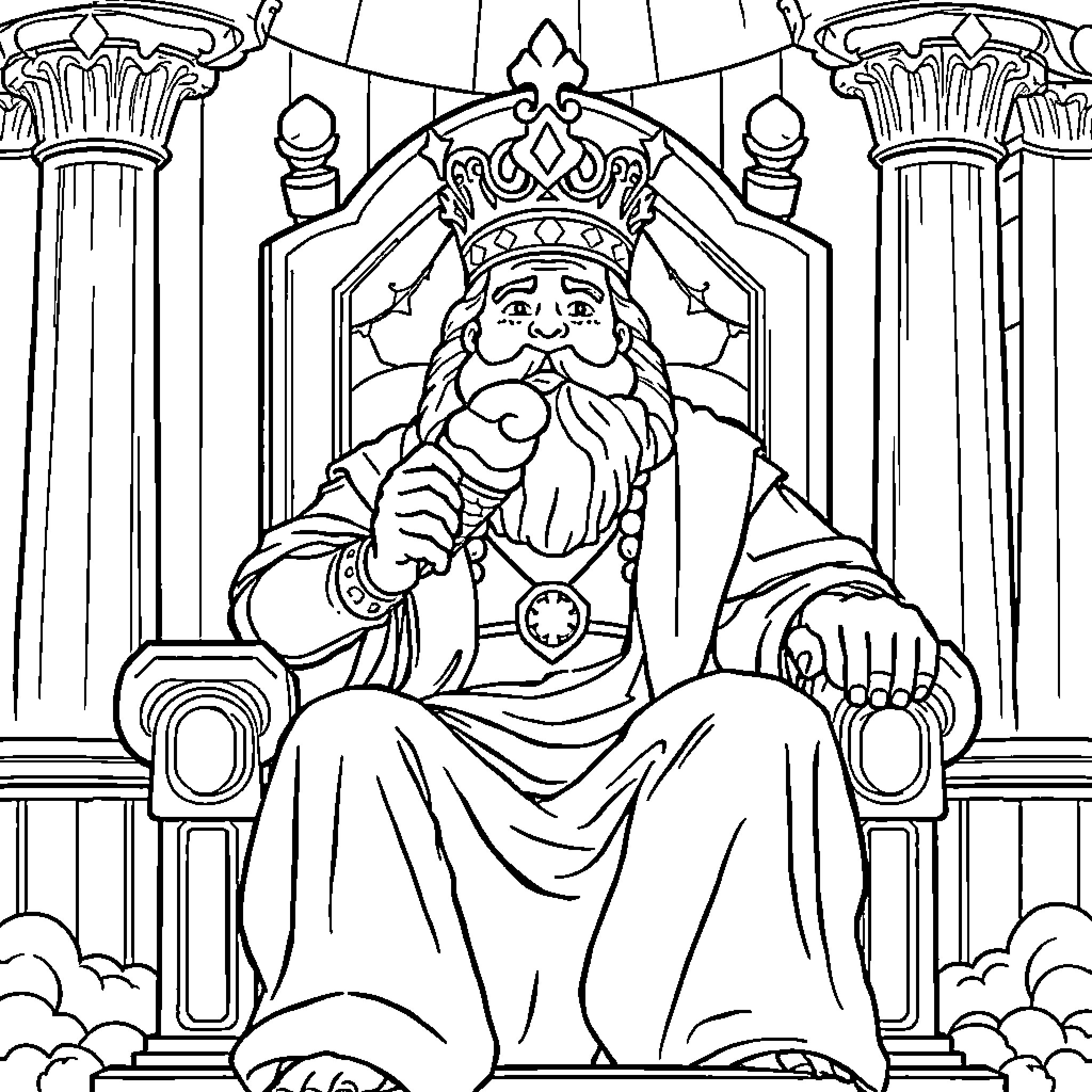 King Solomon, the Wise and Powerful Ruler, Seated on His Throne Coloring Page (free black-and-white line drawing printable PDF for all, from beginners to advanced learners, including children, teens, adults, and seniors)