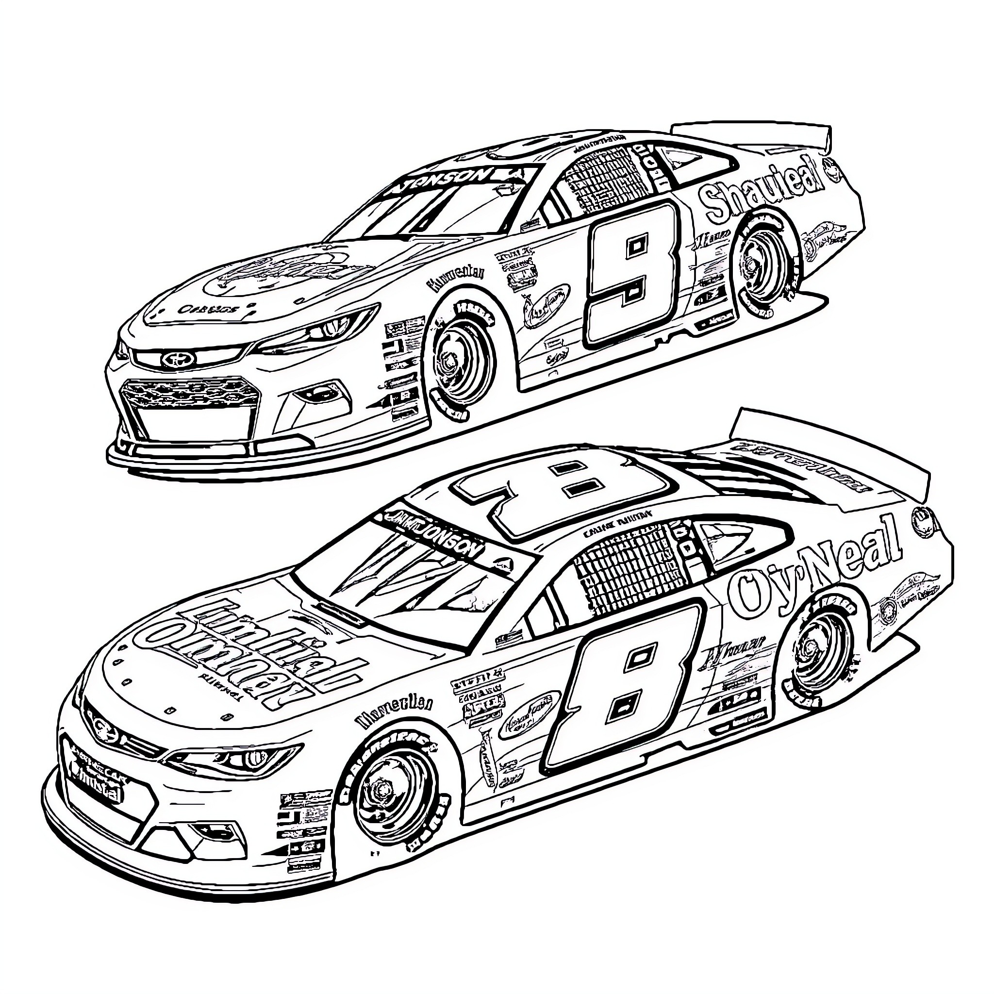 Car Racing Vehicles with Sponsor Logos Coloring Page (free black-and-white line drawing printable PDF for all, from beginners to advanced learners, including children, teens, adults, and seniors)