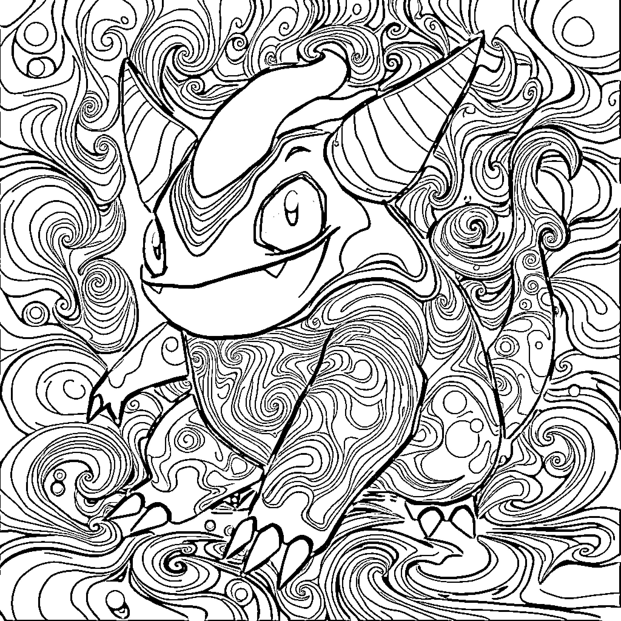Gengar's Psychedelic Dance Coloring Page (free black-and-white line drawing printable PDF for all, from beginners to advanced learners, including children, teens, adults, and seniors)