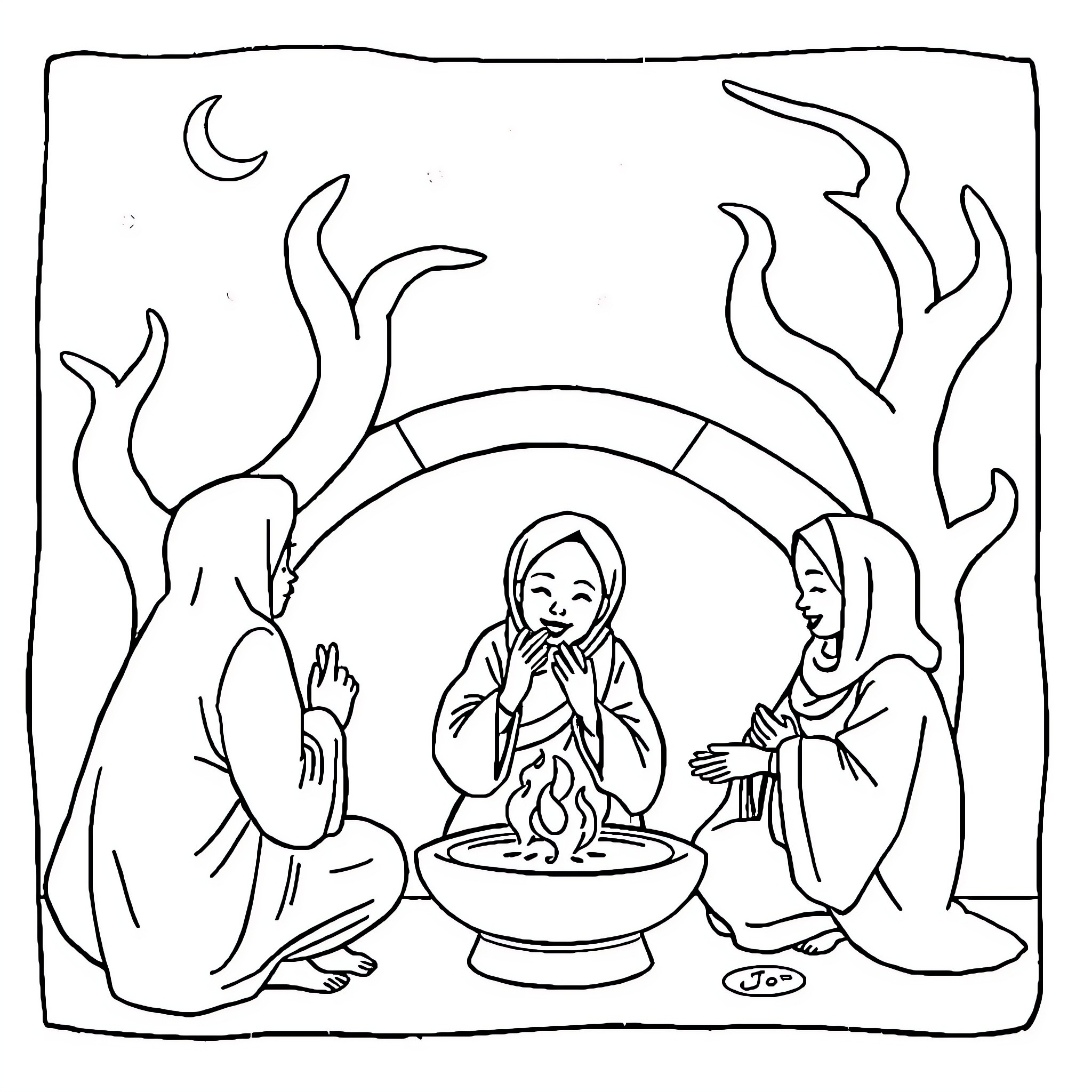 Tung's Mystical Ritual under the Crescent Moon Coloring Page (free black-and-white line drawing printable PDF for all, from beginners to advanced learners, including children, teens, adults, and seniors)