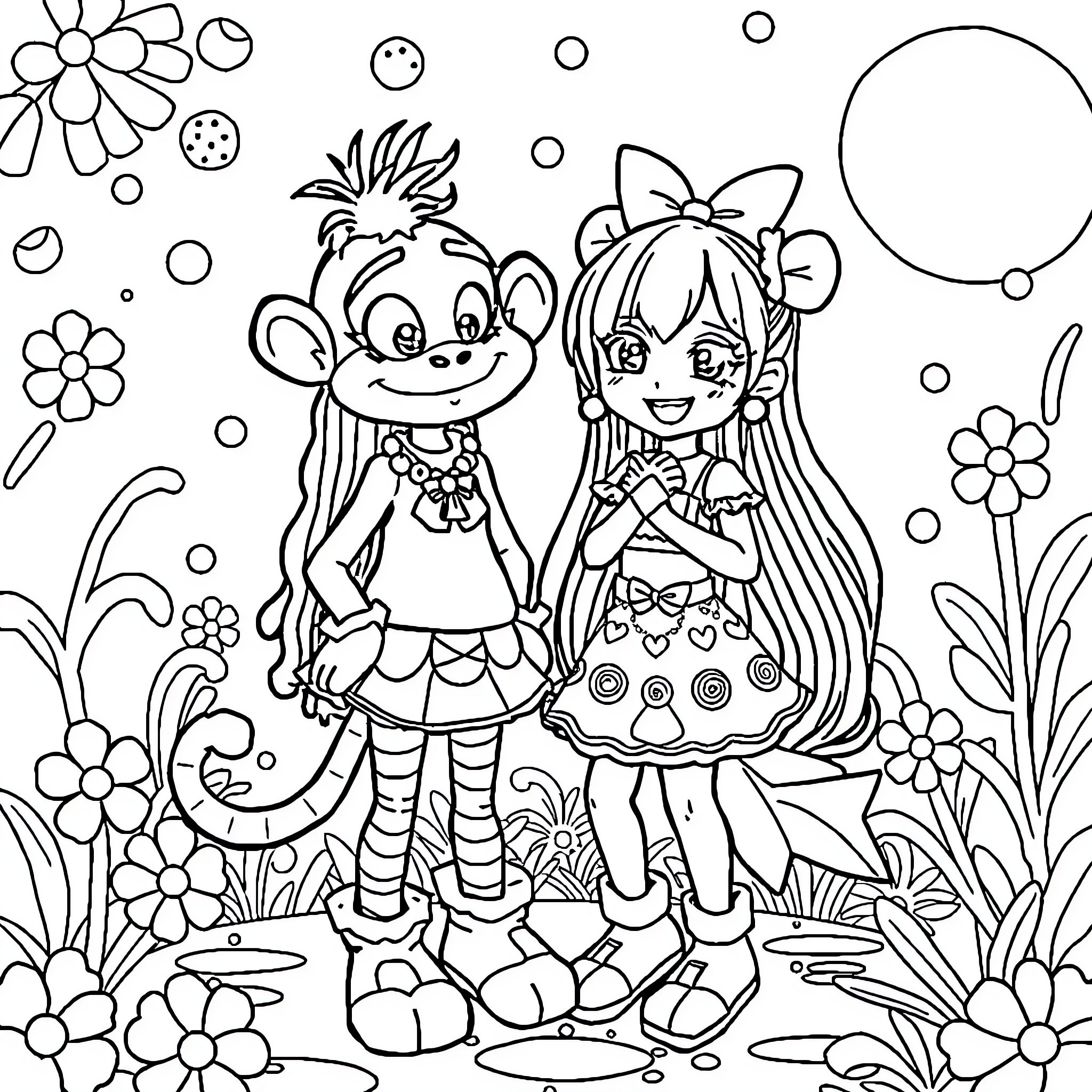 Noodle Characters in Whimsical Floral Setting Coloring Page (free black-and-white line drawing printable PDF for all, from beginners to advanced learners, including children, teens, adults, and seniors)