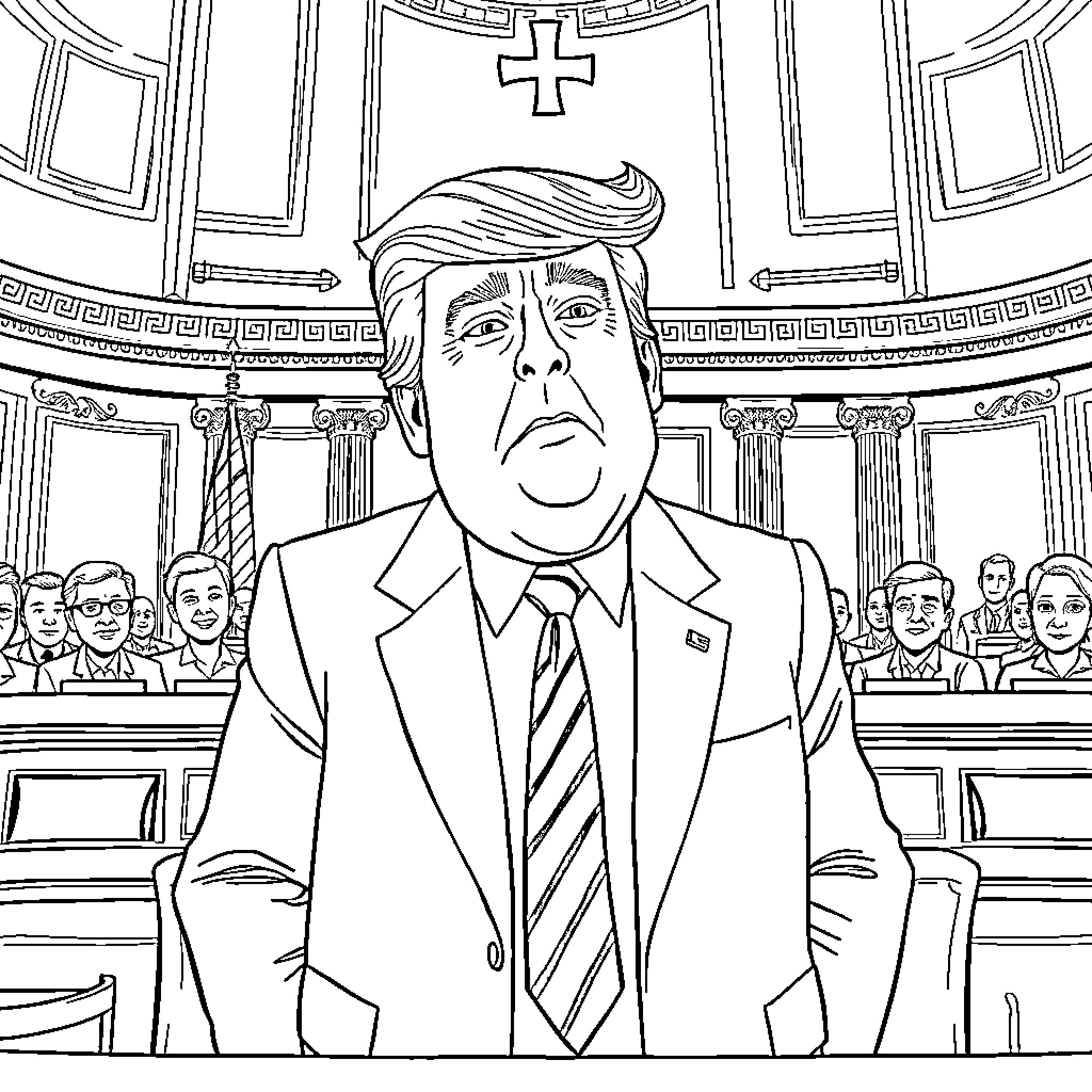 Donald Trump delivering speech in courtroom setting Coloring Page (free black-and-white line drawing printable PDF for all, from beginners to advanced learners, including children, teens, adults, and seniors)