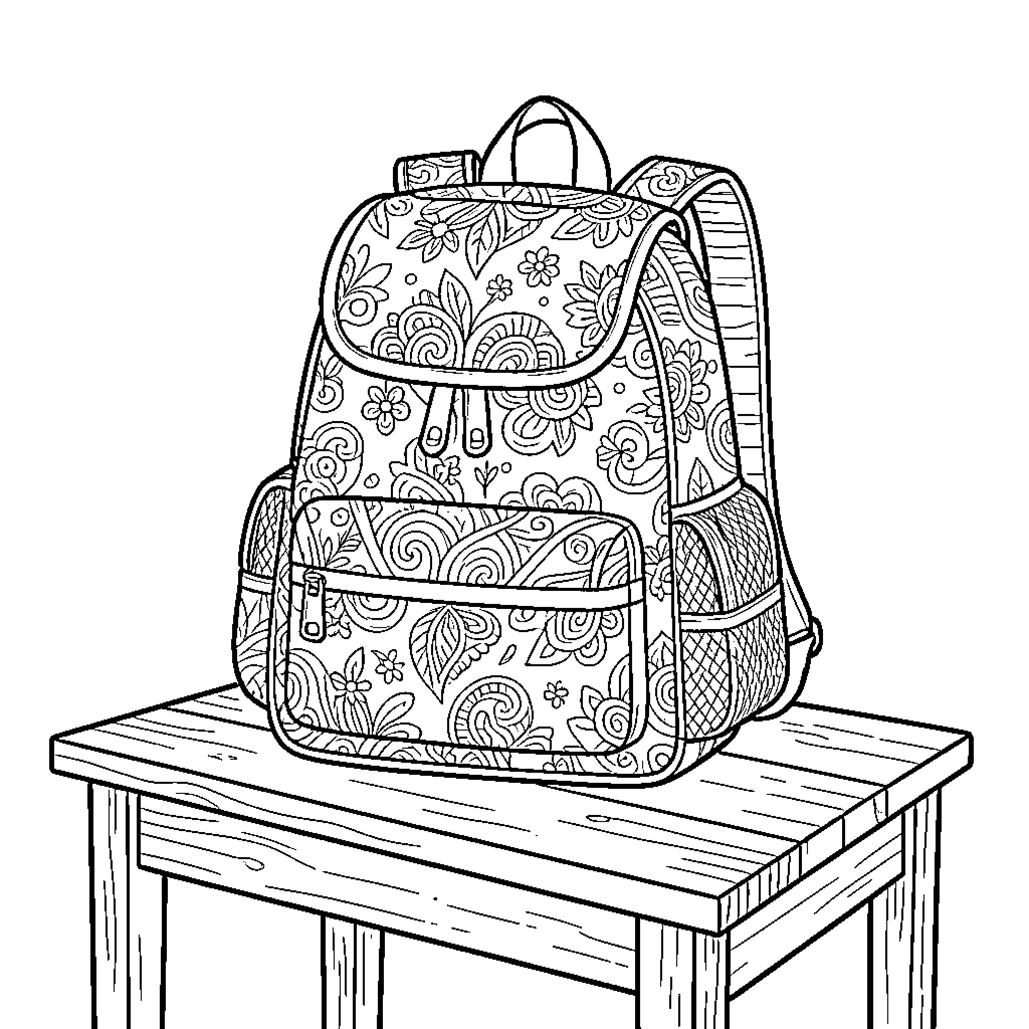 Mochila with Floral and Intricate Patterns Coloring Page (free black-and-white line drawing printable PDF for all, from beginners to advanced learners, including children, teens, adults, and seniors)