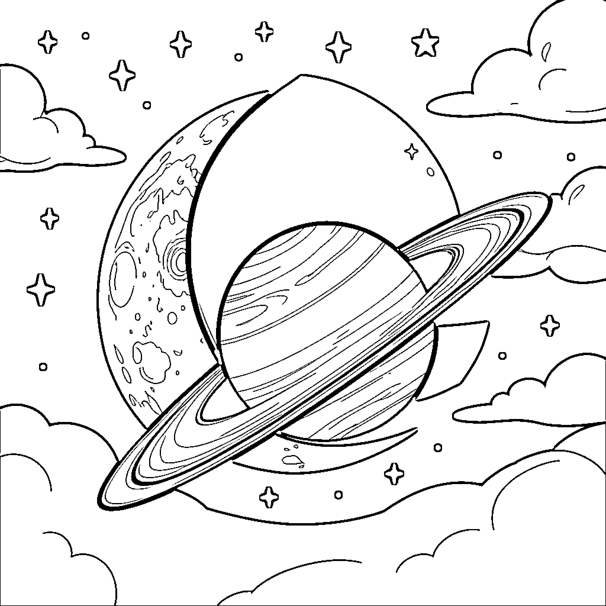 Moon and stars in the night sky Coloring Page (free black-and-white line drawing printable PDF for all, from beginners to advanced learners, including children, teens, adults, and seniors)