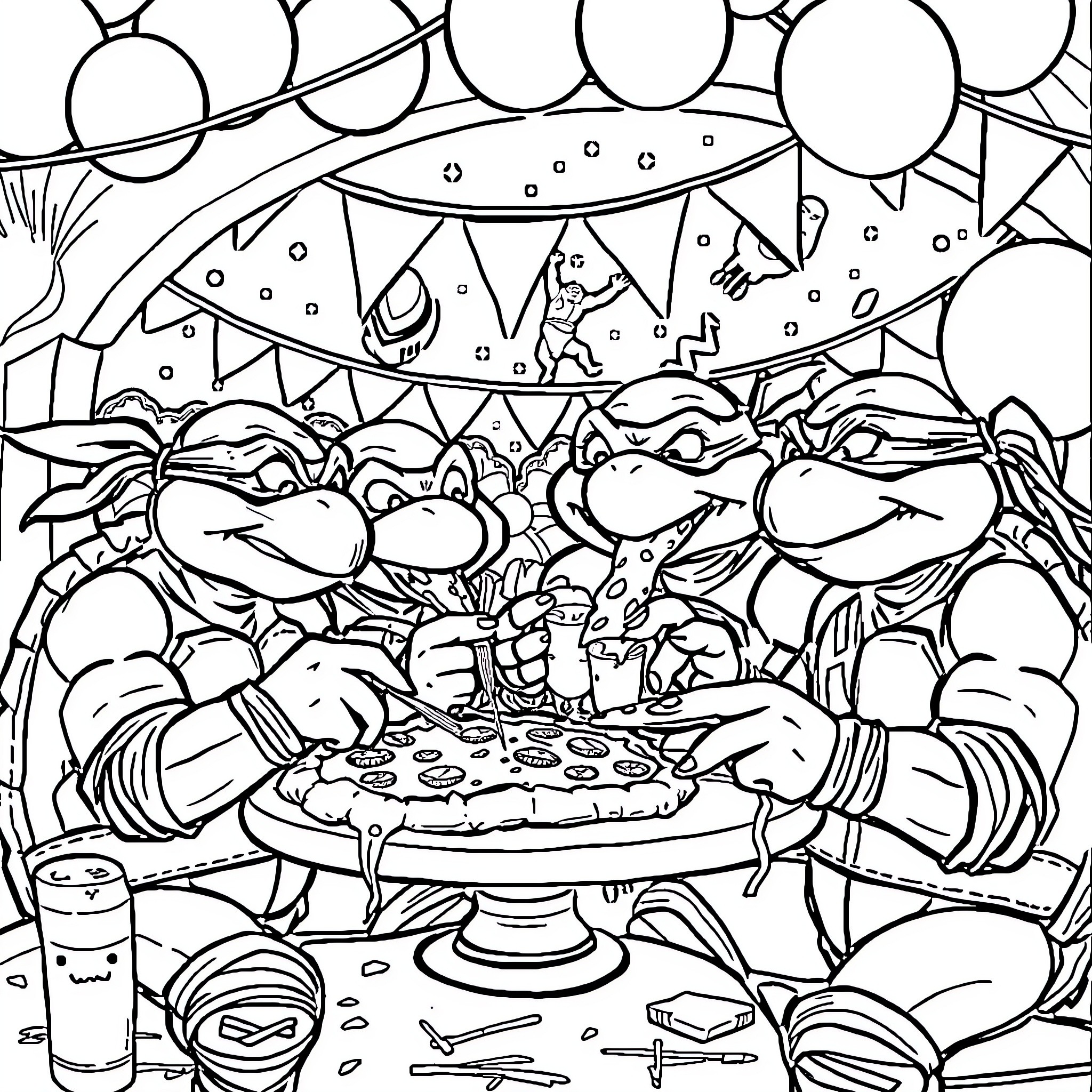 Teenage Mutant Ninja Turtles Celebrate with Pizza and Party Decorations Coloring Page (free black-and-white line drawing printable PDF for all, from beginners to advanced learners, including children, teens, adults, and seniors)