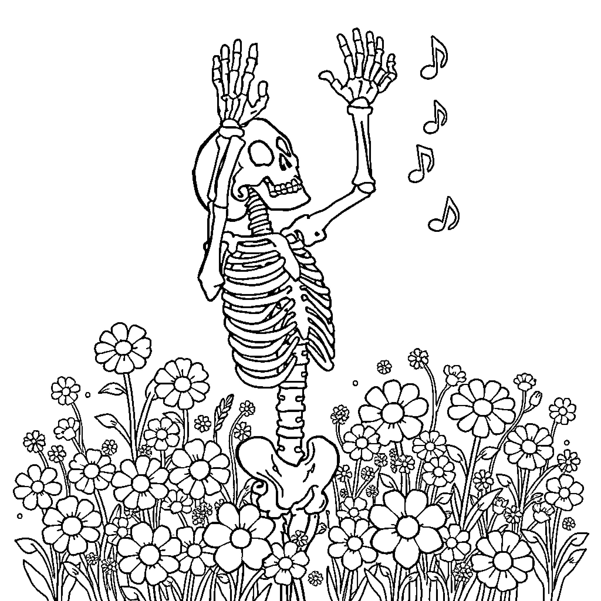 Woodstock Skeleton Dancing Joyfully in Flower Field Coloring Page (free black-and-white line drawing printable PDF for all, from beginners to advanced learners, including children, teens, adults, and seniors)