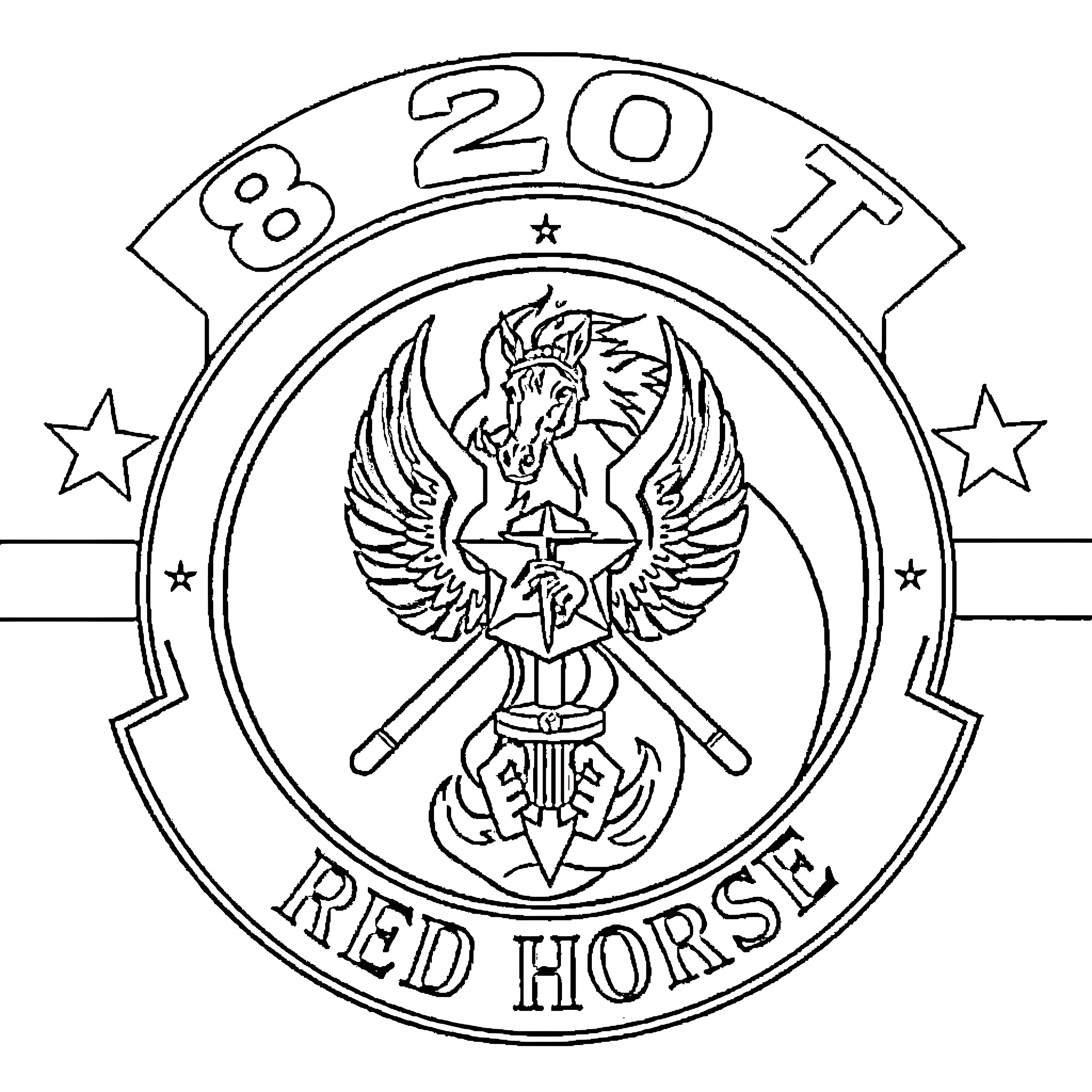 820th RED HORSE Squadron symbols and insignia Coloring Page (free black-and-white line drawing printable PDF for all, from beginners to advanced learners, including children, teens, adults, and seniors)