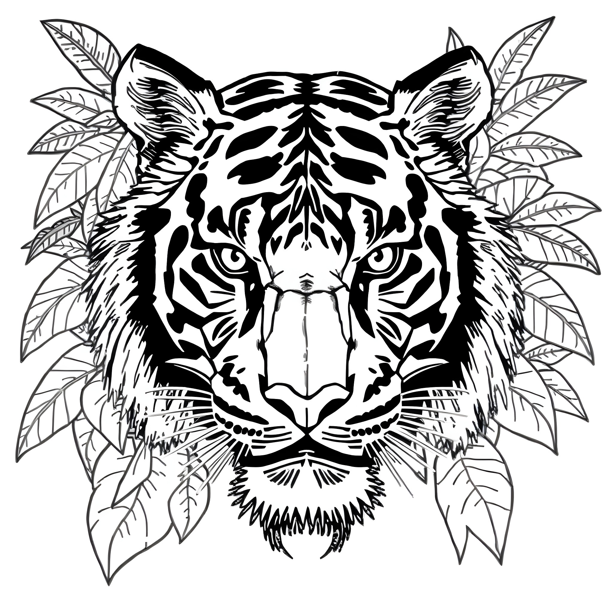 Tiger in a jungle setting with leaves Coloring Page (free black-and-white line drawing printable PDF for all, from beginners to advanced learners, including children, teens, adults, and seniors)