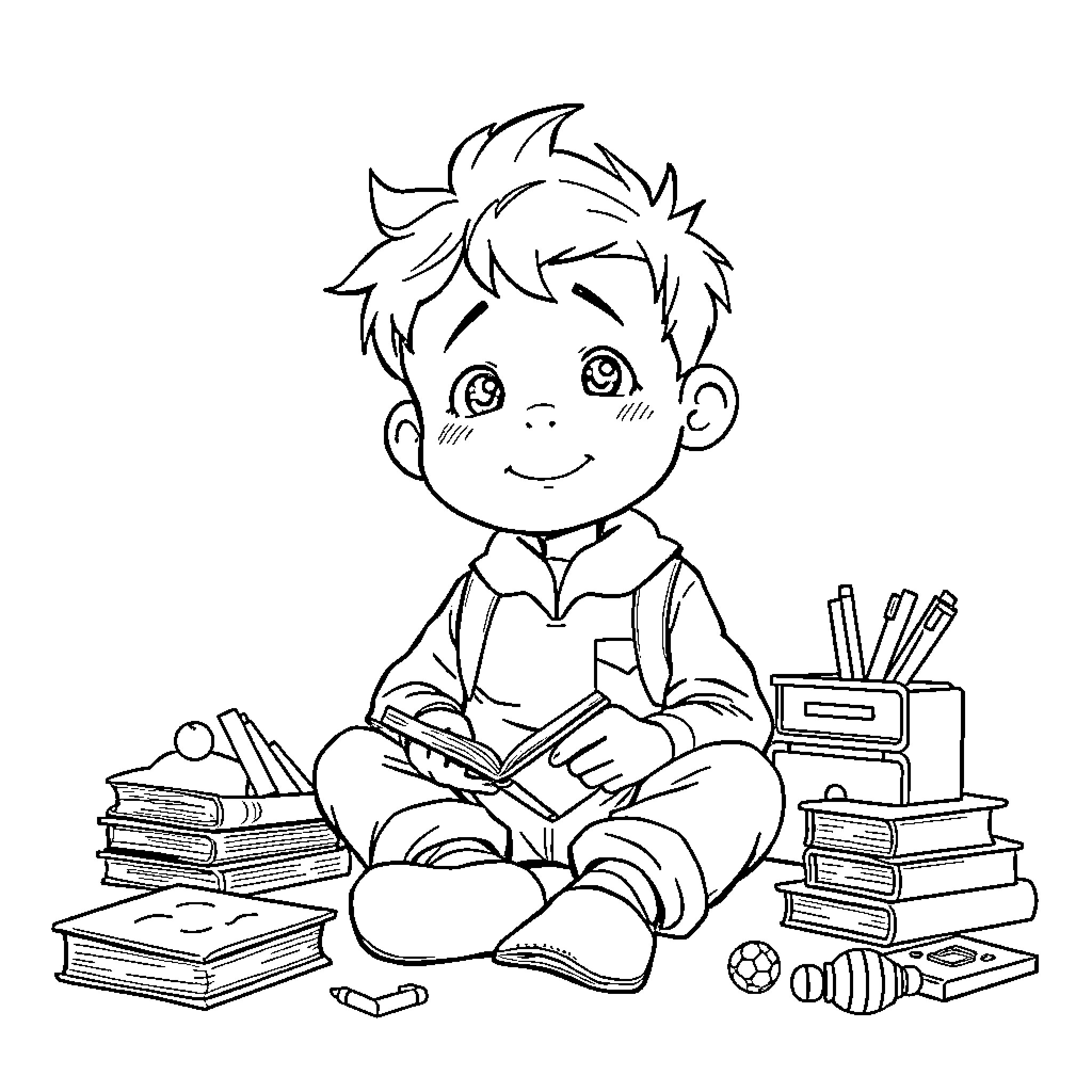 Nobita studying diligently with his school supplies Coloring Page (free black-and-white line drawing printable PDF for all, from beginners to advanced learners, including children, teens, adults, and seniors)