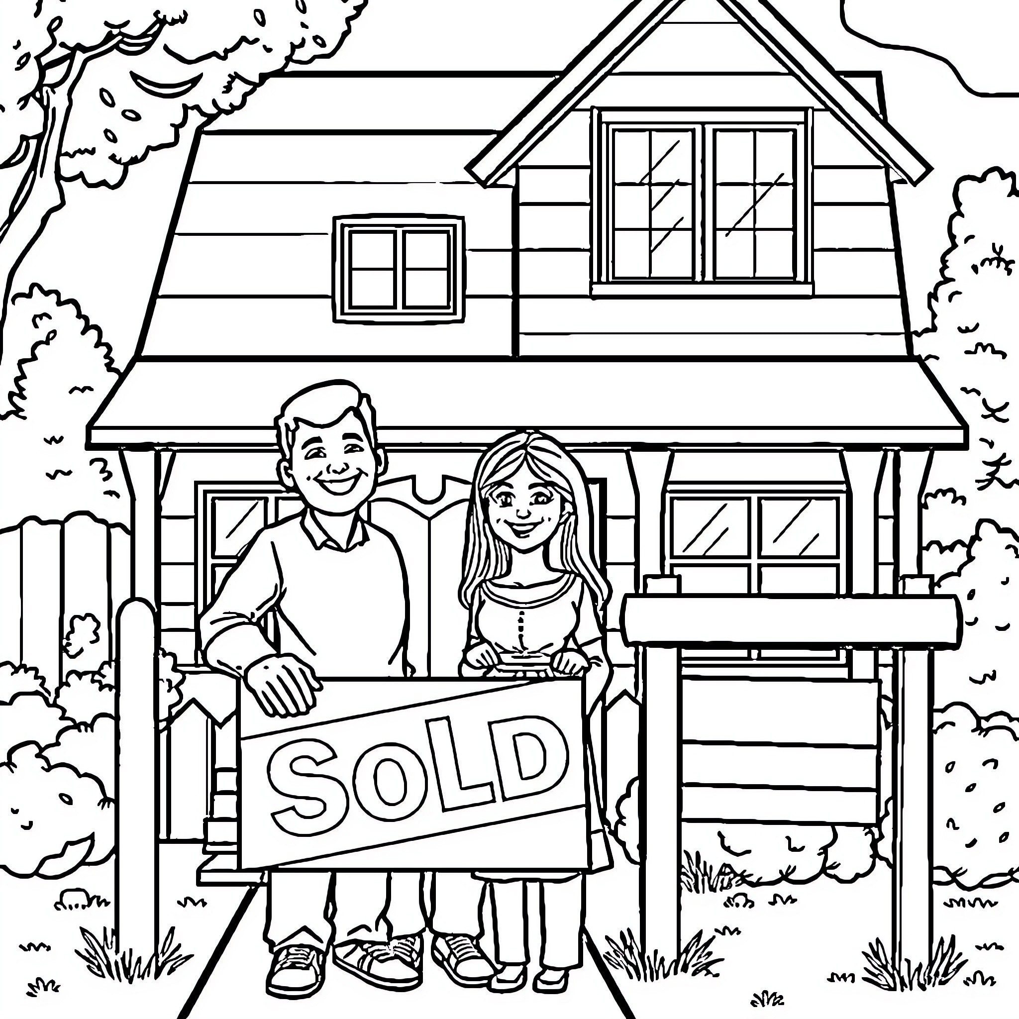 Family Celebrating New Home Purchase Coloring Page (free black-and-white line drawing printable PDF for all, from beginners to advanced learners, including children, teens, adults, and seniors)