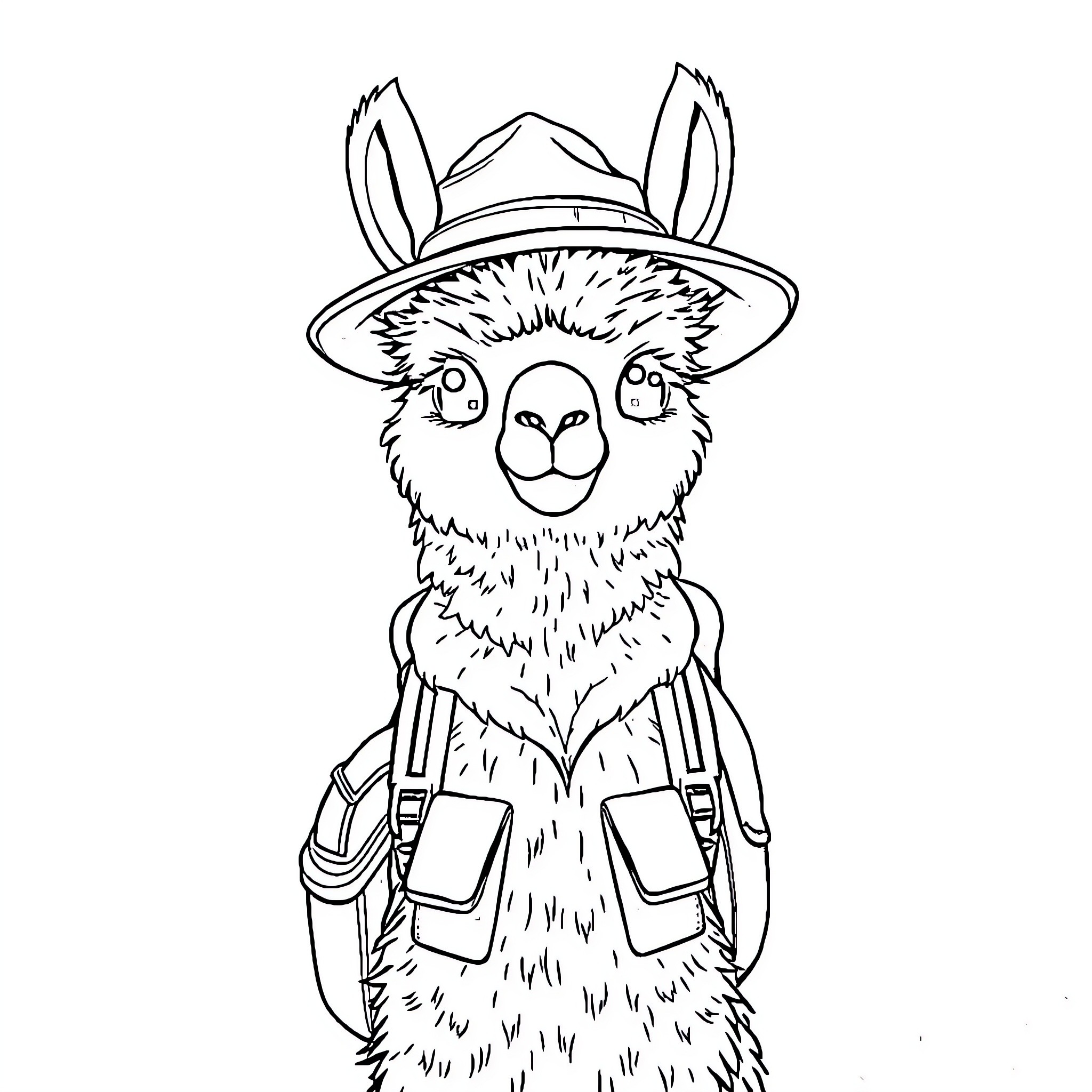 Alpaca in outdoor adventure outfit Coloring Page (free black-and-white line drawing printable PDF for all, from beginners to advanced learners, including children, teens, adults, and seniors)